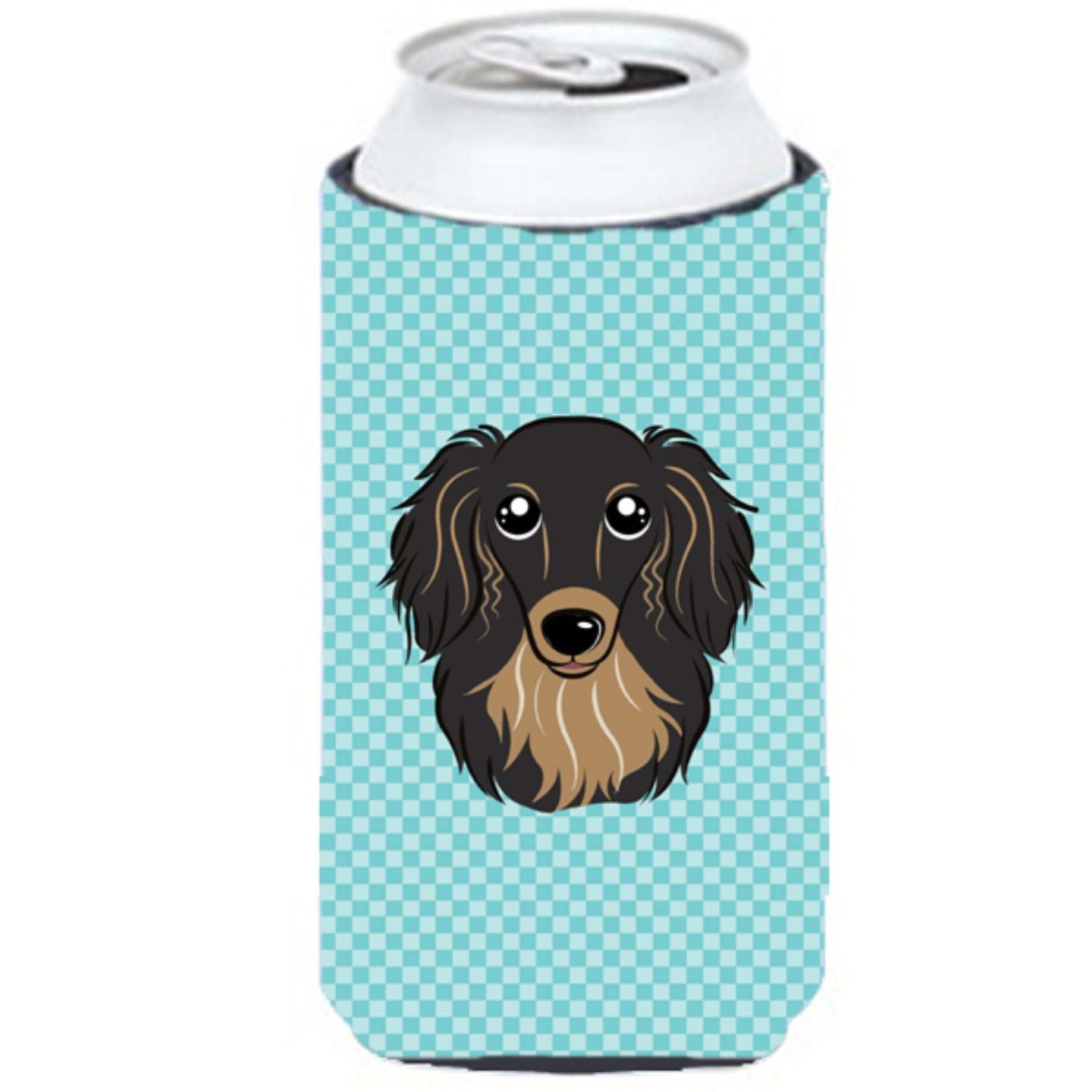 Checkerboard Blue Longhair Black and Tan Dachshund Tall Boy Beverage Insulator Hugger