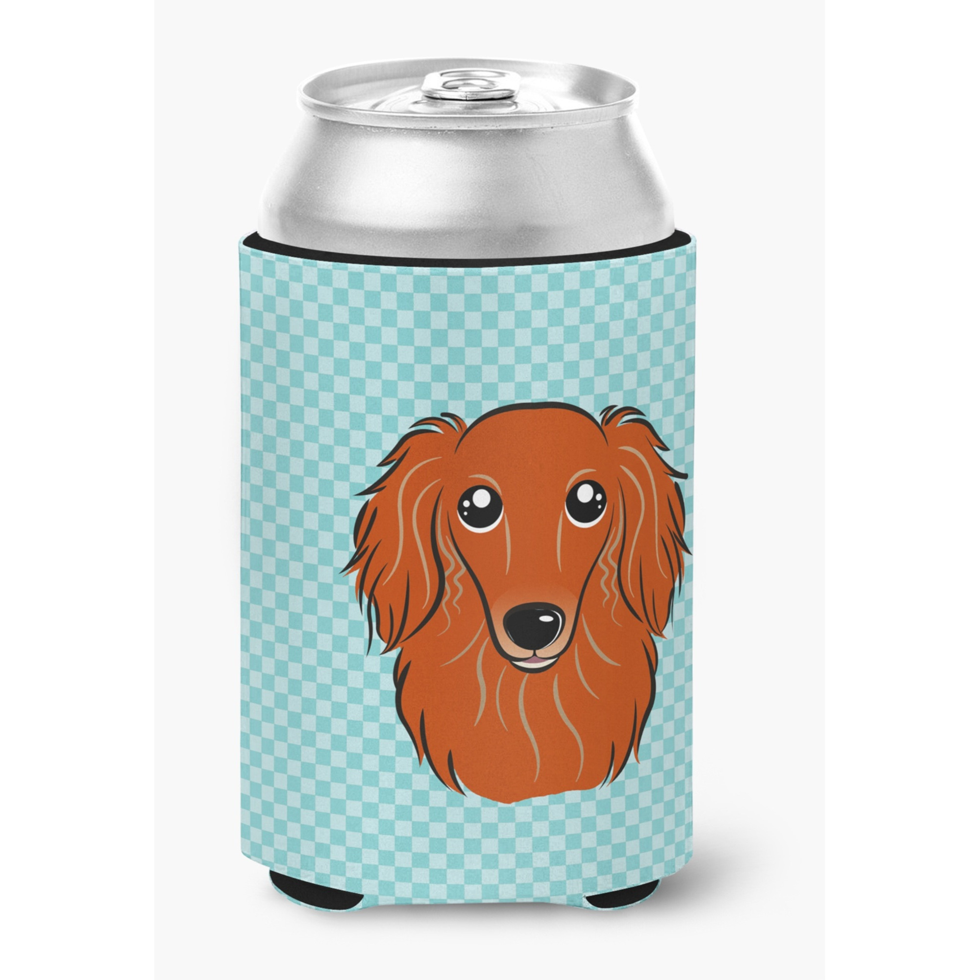 Checkerboard Blue Longhair Red Dachshund Can or Bottle Hugger BB1152CC