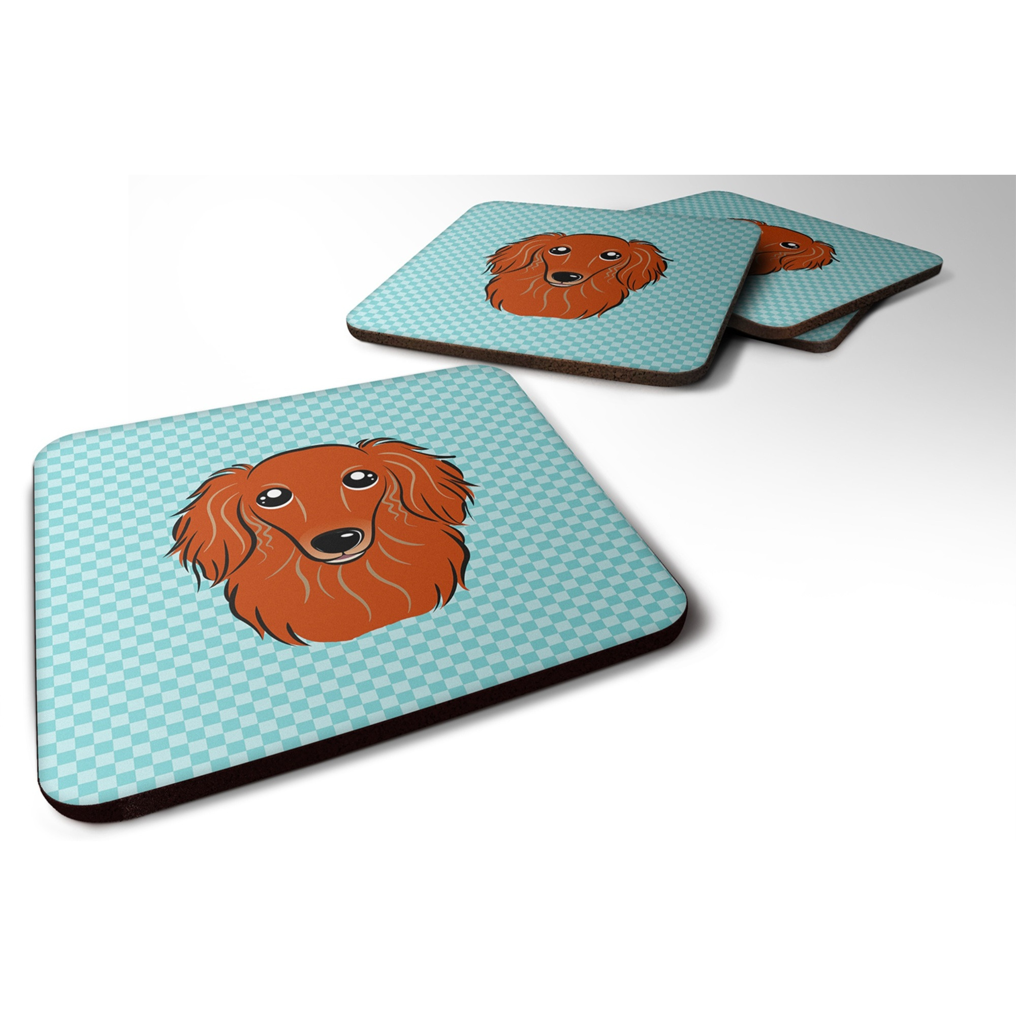 &quotCaroline's Treasures BB1152FC Checkerboard Blue Longhair Red Dachshund Foam Coaster (Set of 4), 3.5"" H x 3.5"" W, Multicolor"