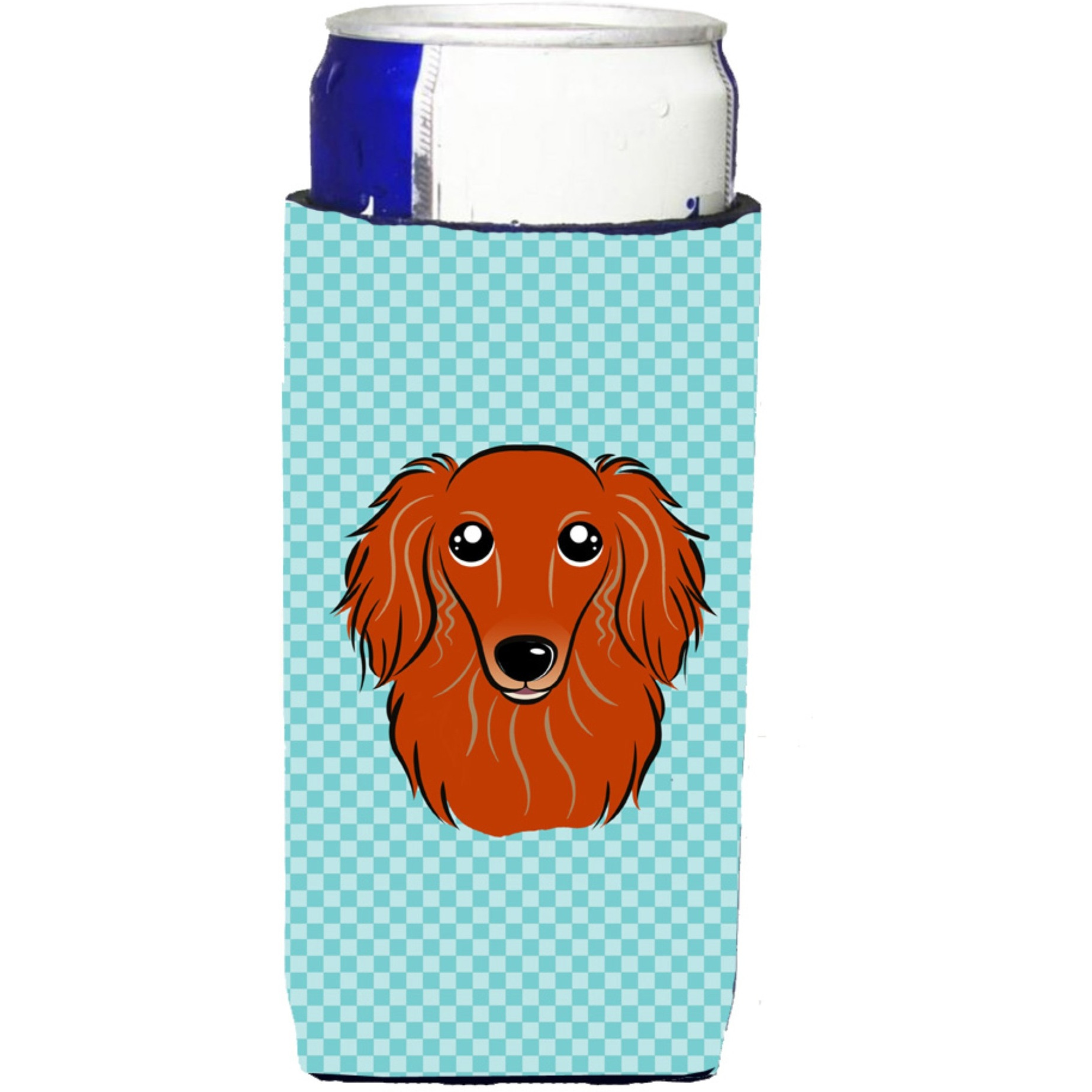 Checkerboard Blue Longhair Red Dachshund Ultra Beverage Insulators for slim cans