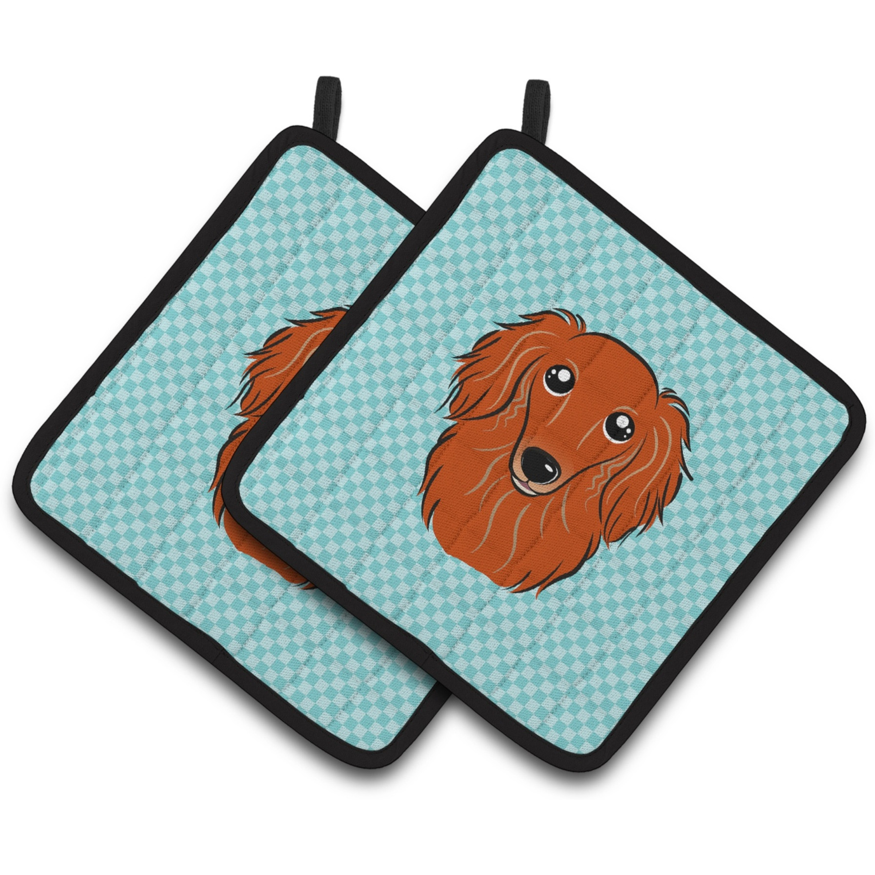 &quotCaroline's Treasures Checkerboard Blue Longhair Red Dachshund Pair of Pot Holders BB1152PTHD, 7.5HX7.5W, Multicolor"