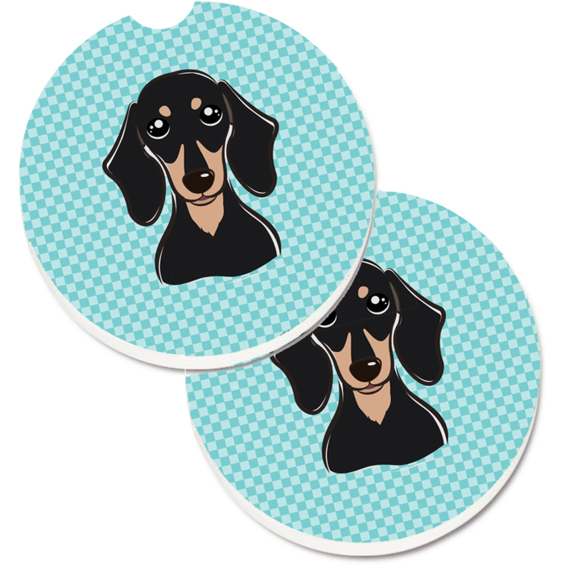 &quotCaroline's Treasures Checkerboard Blue Smooth black & Tan Dachshund Set of 2 Cup Holder Car Coasters BB1153CARC, 2.56, Multicolor"