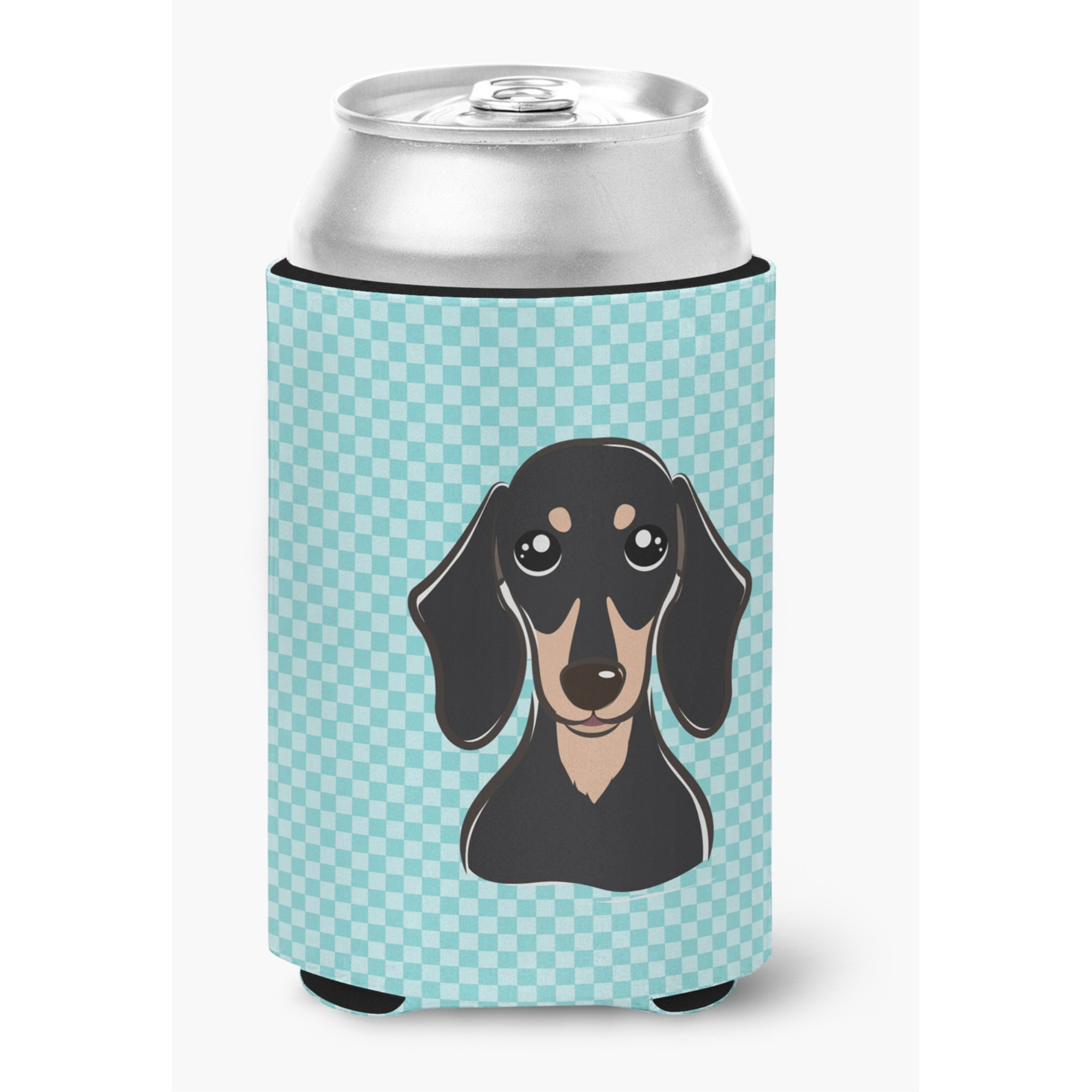 Checkerboard Blue Smooth Black and Tan Dachshund Can or Bottle Hugger BB1153CC