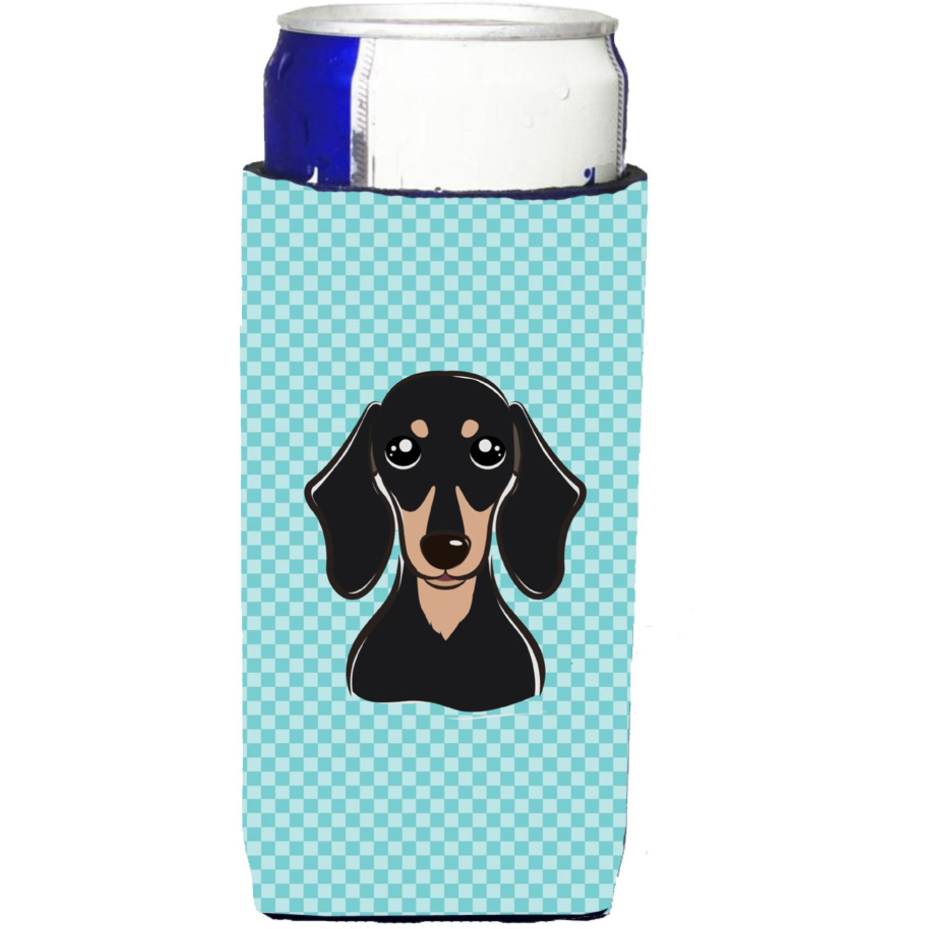 Checkerboard Blue Black and Tan Dachshund Ultra Beverage Insulators for slim cans