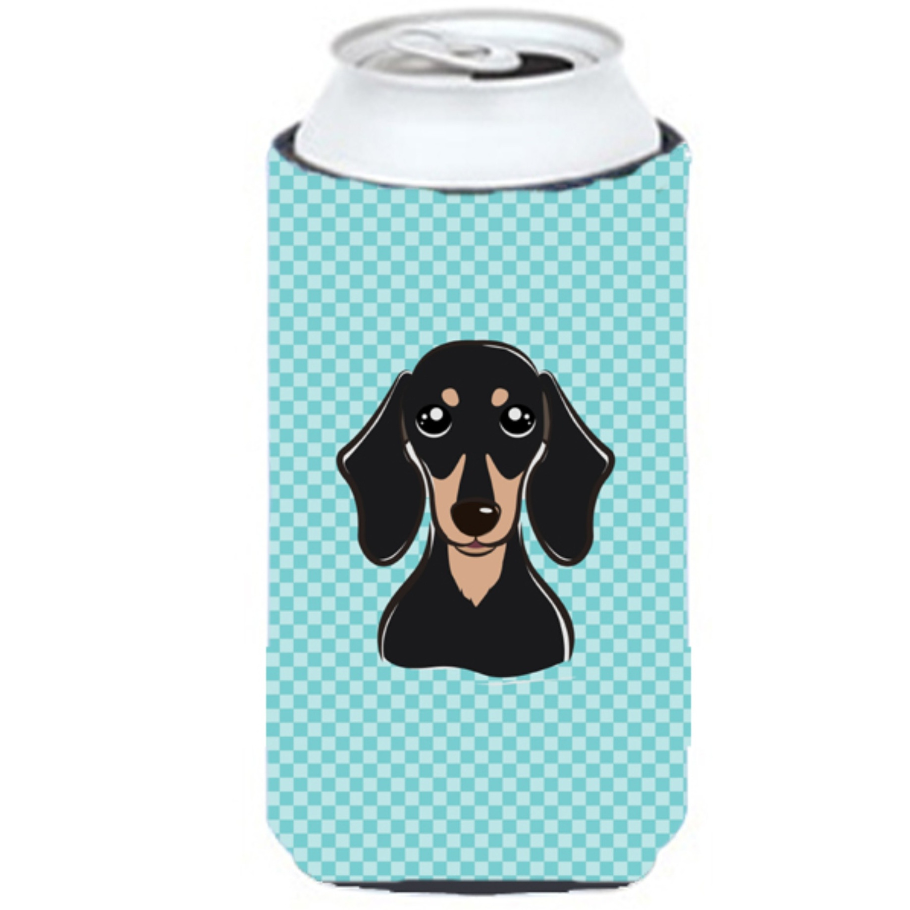 Checkerboard Blue Smooth Black and Tan Dachshund Tall Boy Beverage Insulator Hugger