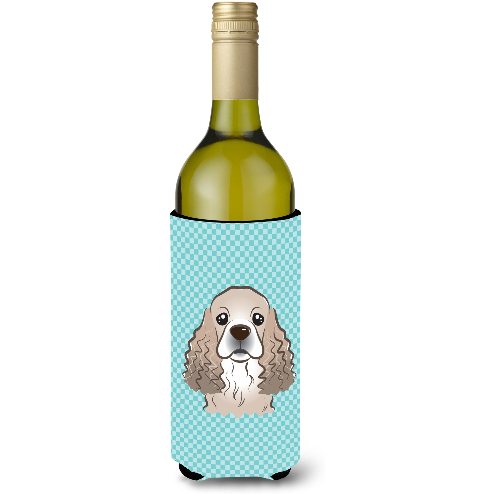 Checkerboard Blue Cocker Spaniel Wine Bottle Beverage Insulator Hugger BB1154LITERK