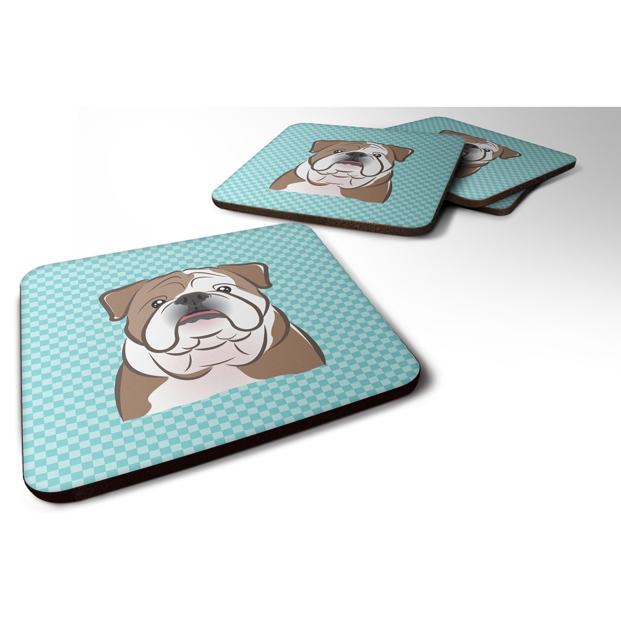 &quotCaroline's Treasures BB1157FC Checkerboard Blue English Bulldog Foam Coaster (Set of 4), 3.5"" H x 3.5"" W, Multicolor"