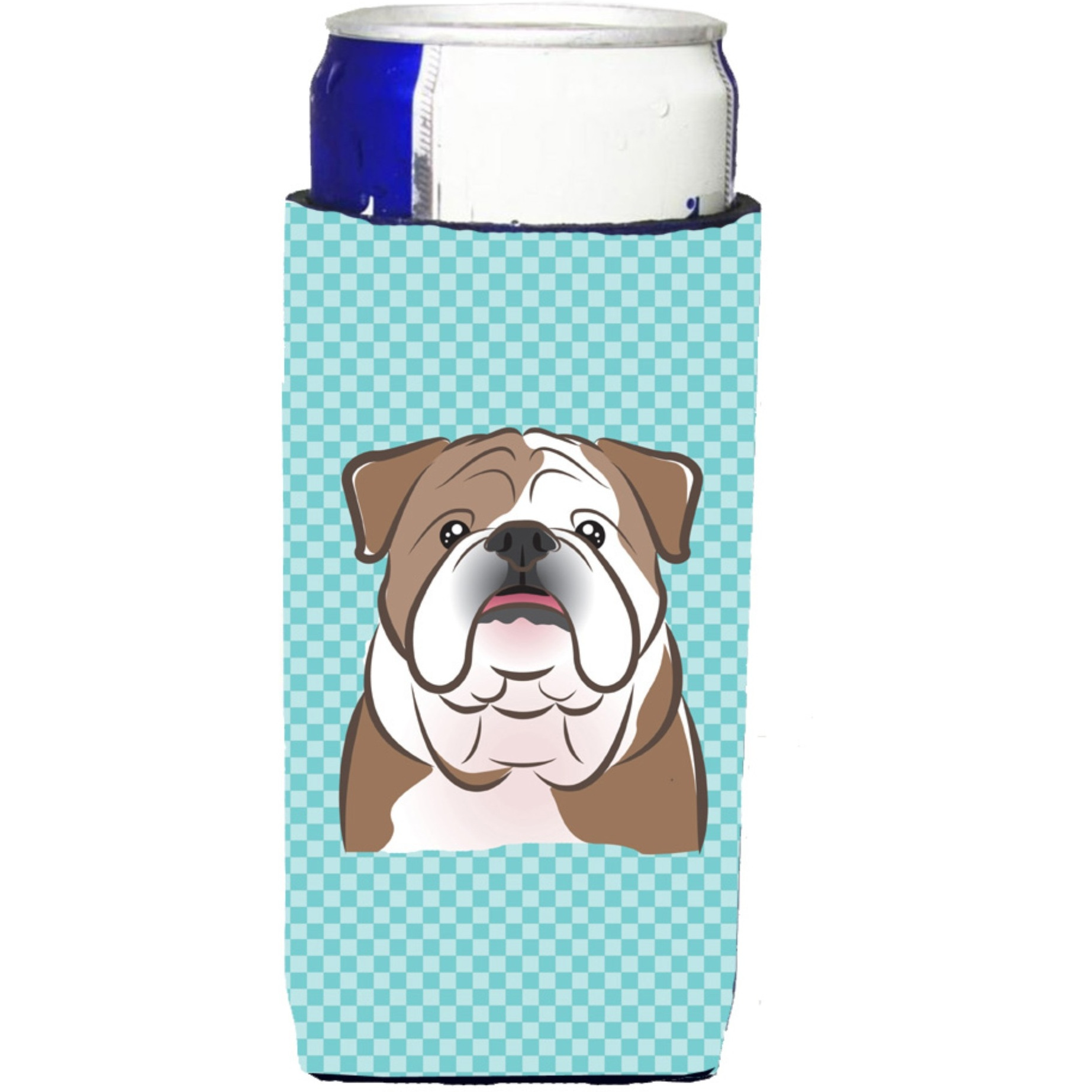 Checkerboard Blue English Bulldog  Ultra Beverage Insulators for slim cans