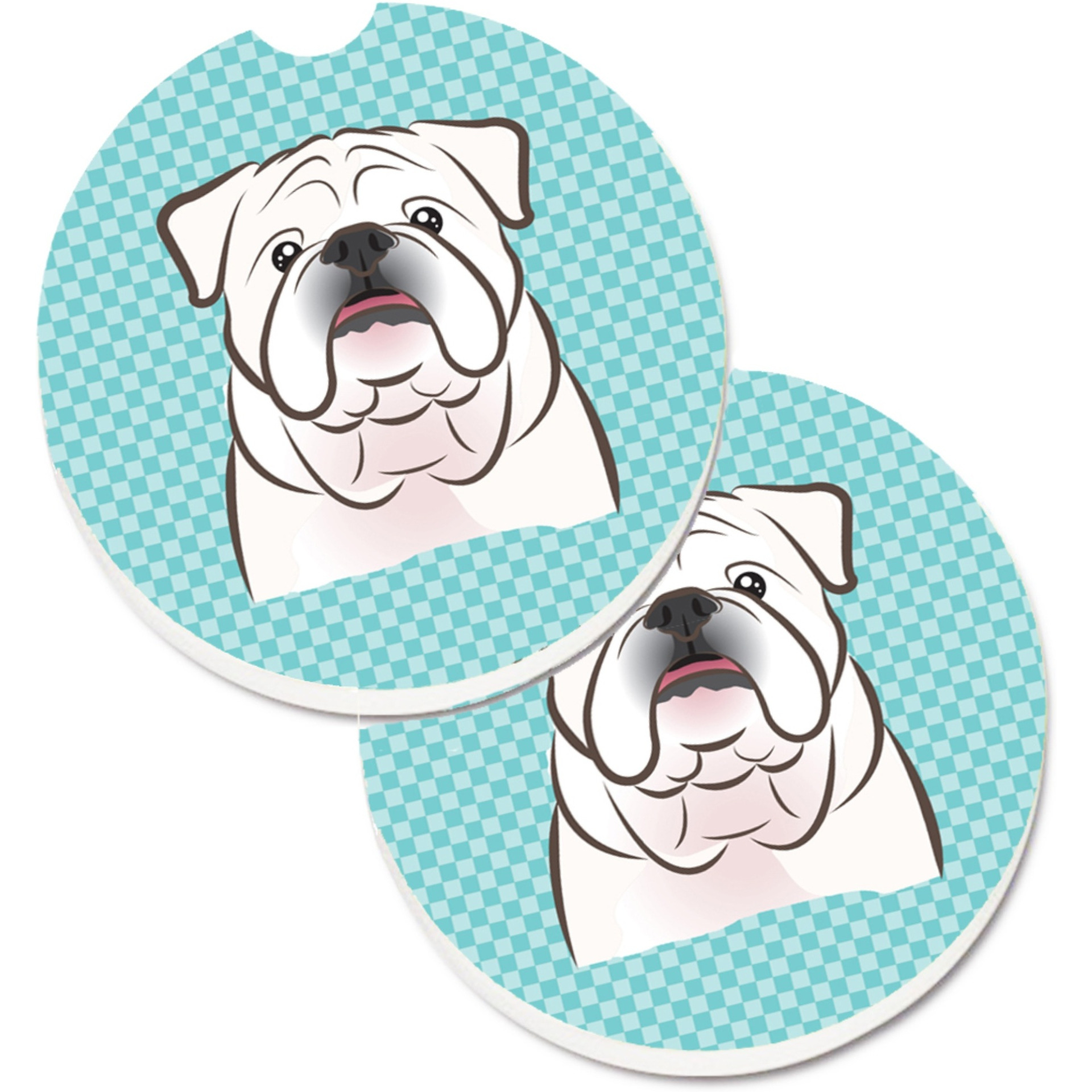 &quotCaroline's Treasures Checkerboard Blue White English Bulldog Set of 2 Cup Holder Car Coasters BB1158CARC, 2.56, Multicolor"