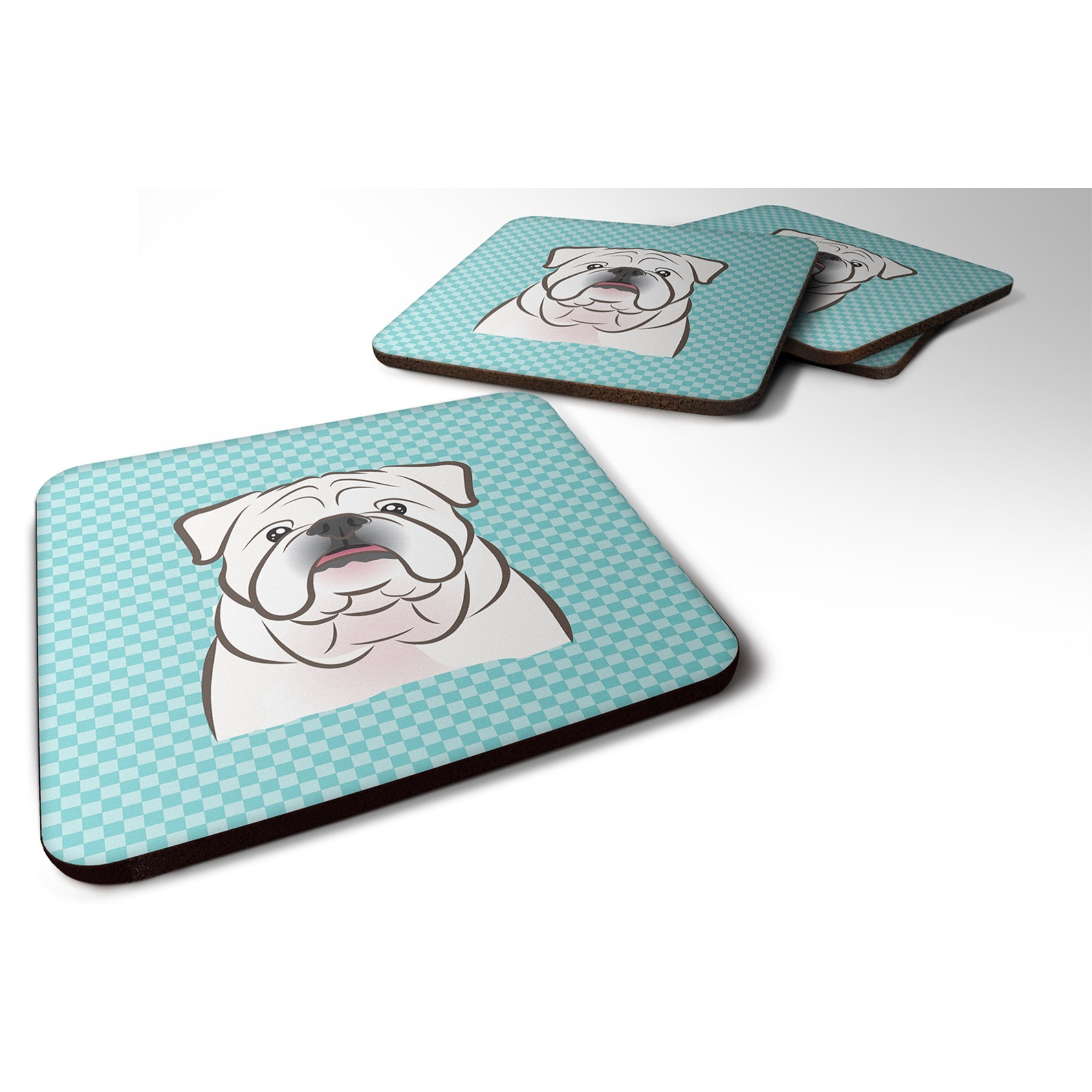 &quotCaroline's Treasures BB1158FC Checkerboard Blue White English Bulldog Foam Coaster (Set of 4), 3.5"" H x 3.5"" W, Multicolor"