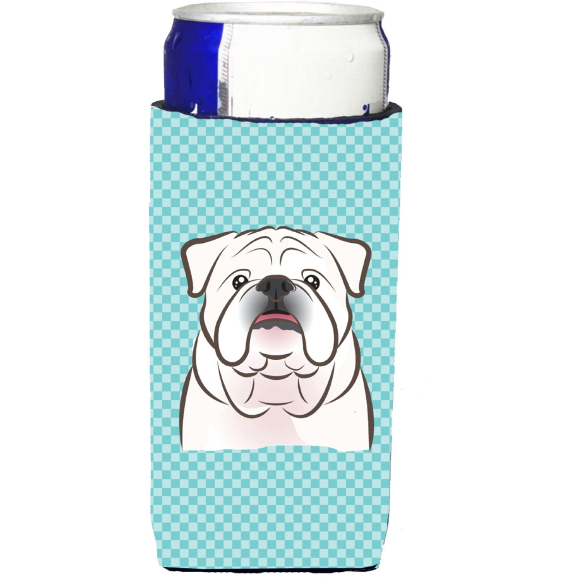 Checkerboard Blue White English Bulldog  Ultra Beverage Insulators for slim cans