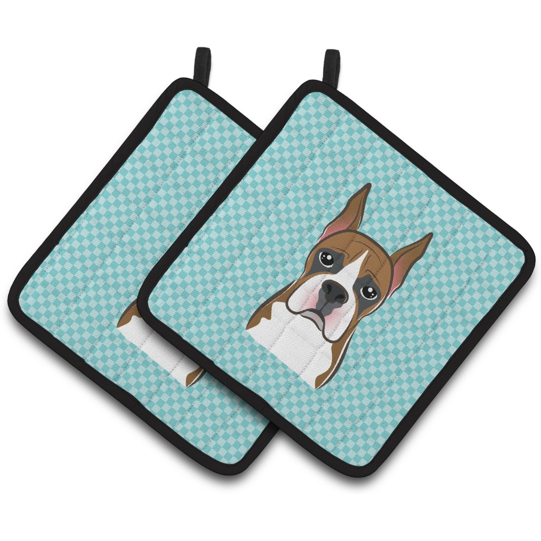 &quotCaroline's Treasures Checkerboard Blue Boxer Pair of Pot Holders BB1161PTHD, 7.5HX7.5W, Multicolor"