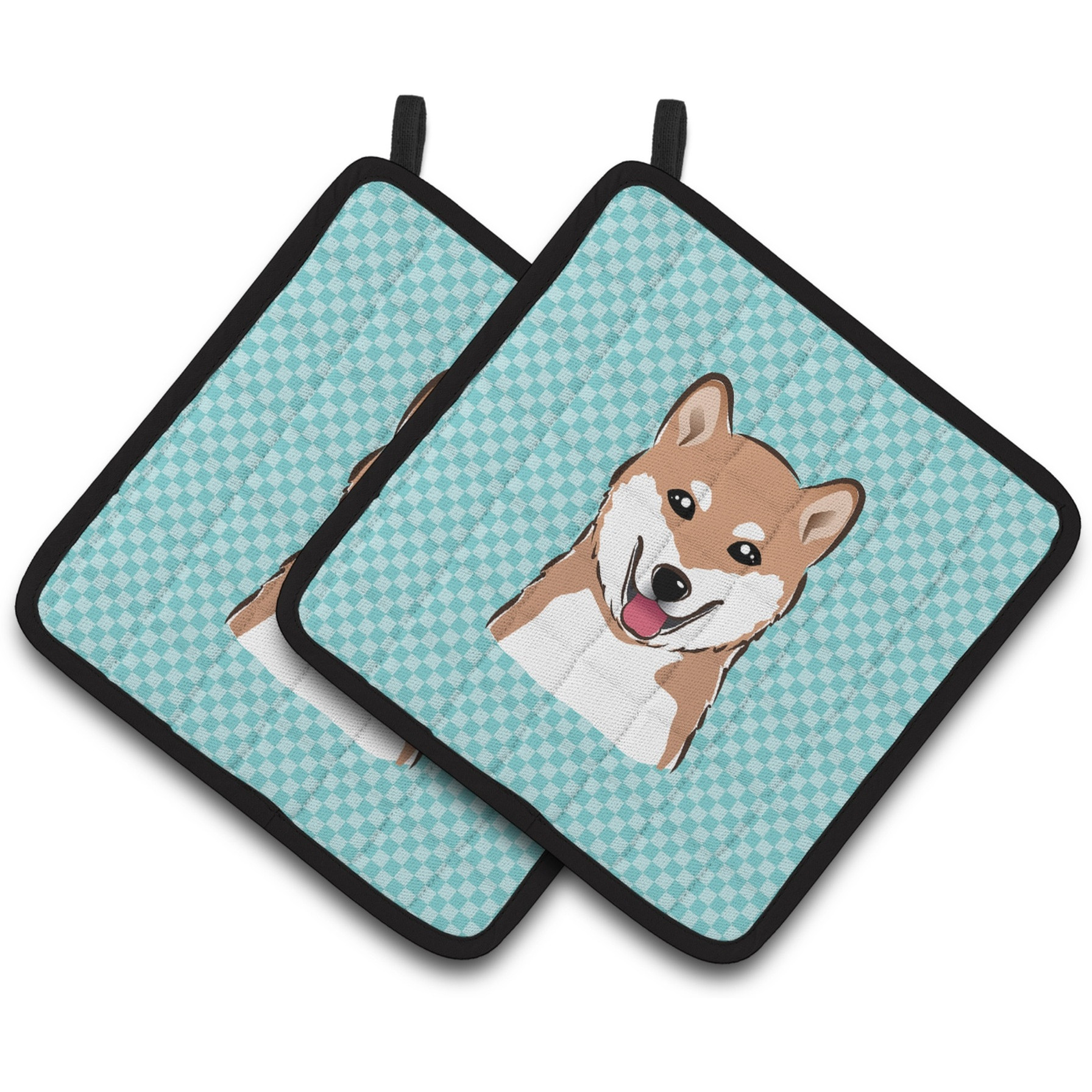 &quotCaroline's Treasures Checkerboard Blue Shiba Inu Pair of Pot Holders BB1163PTHD, 7.5HX7.5W, Multicolor"