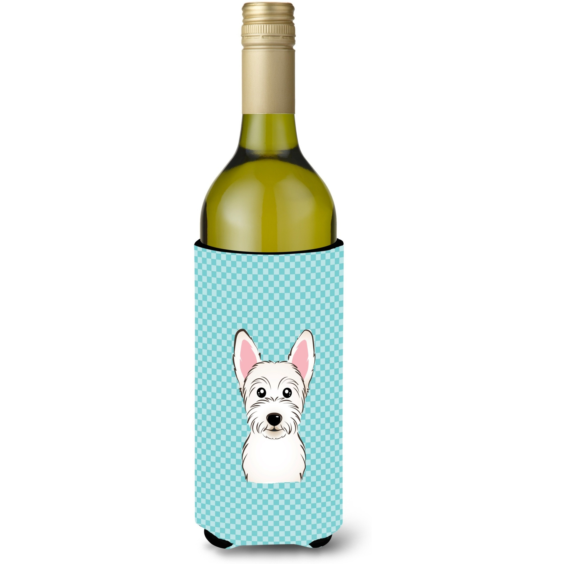 Checkerboard Blue Westie Wine Bottle Beverage Insulator Hugger BB1164LITERK