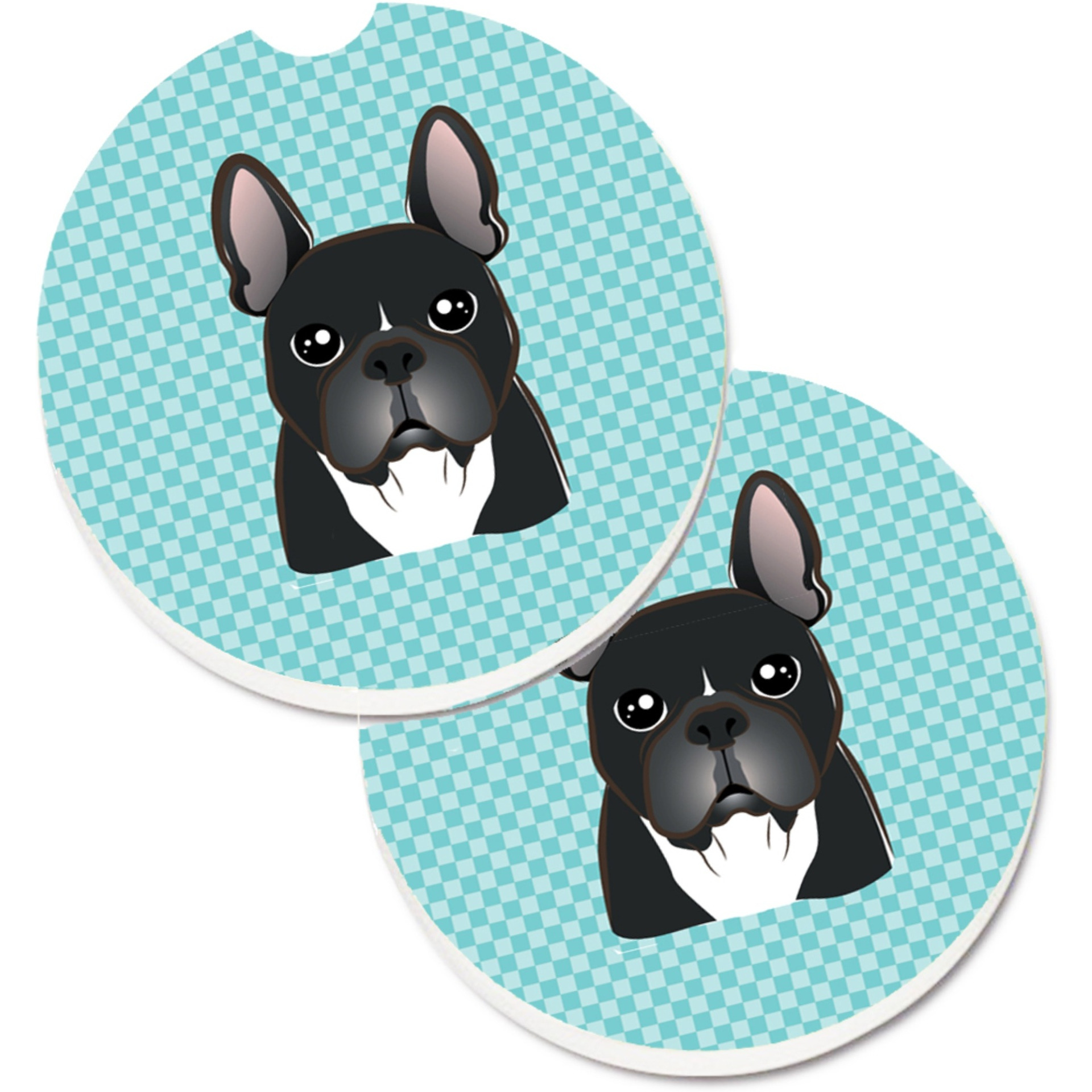 &quotCaroline's Treasures Checkerboard Blue French Bulldog Set of 2 Cup Holder Car Coasters BB1165CARC, 2.56, Multicolor"