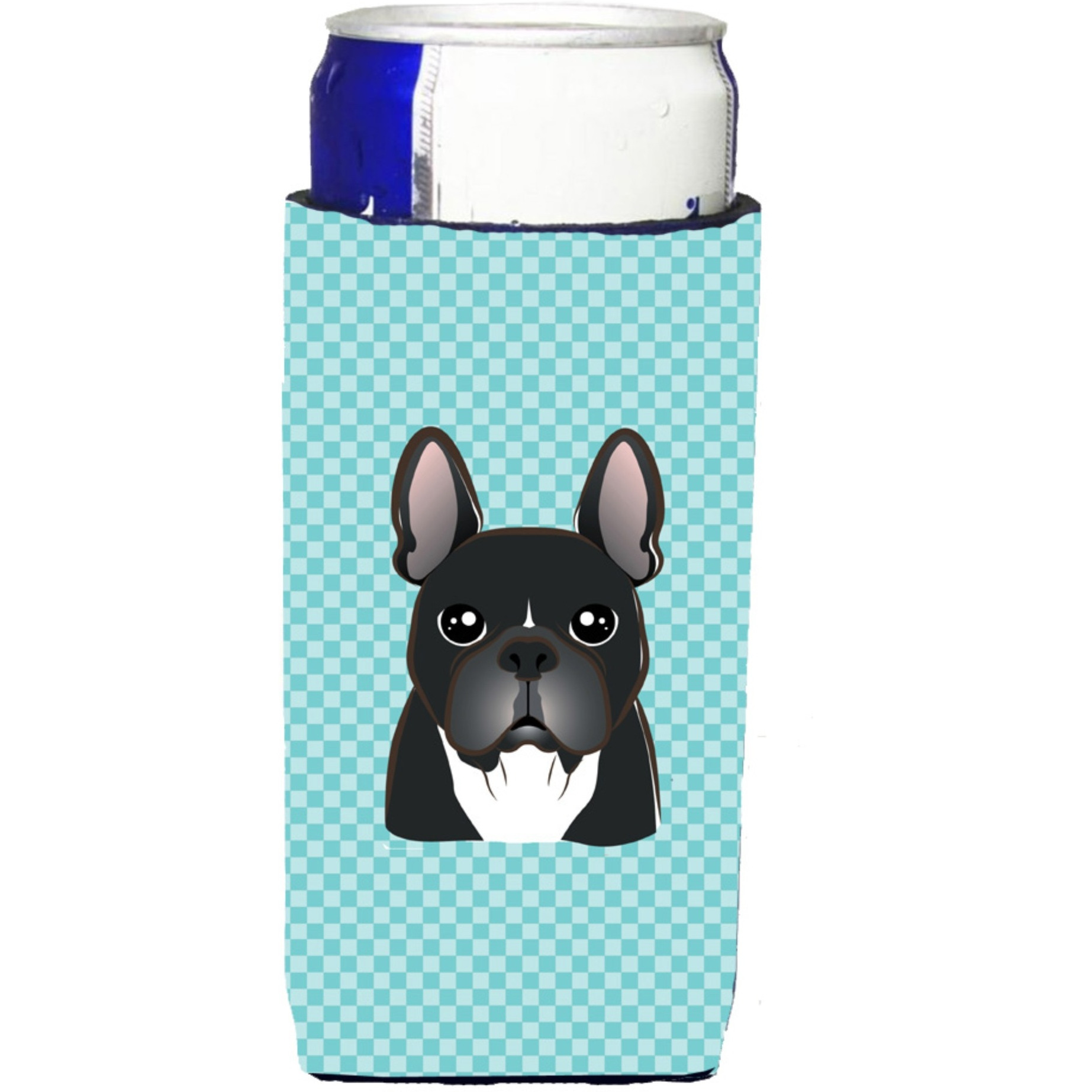 Checkerboard Blue French Bulldog Ultra Beverage Insulators for slim cans BB1165MUK