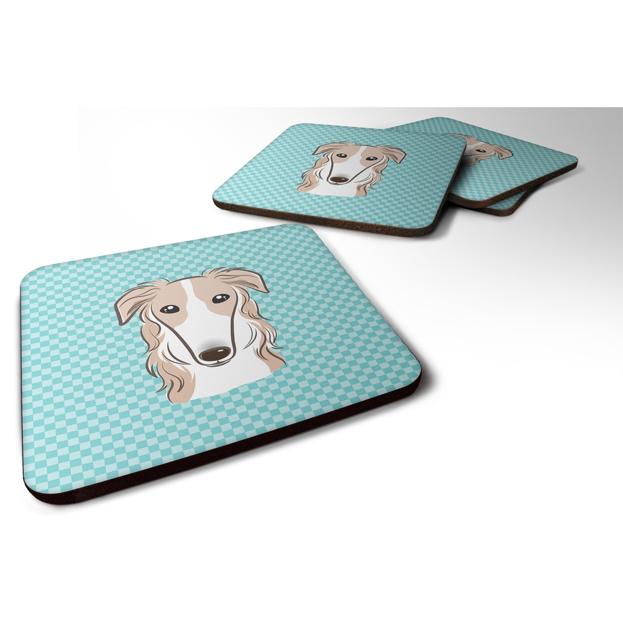 &quotCaroline's Treasures BB1166FC Checkerboard Blue Borzoi Foam Coaster (Set of 4), 3.5"" H x 3.5"" W, Multicolor"