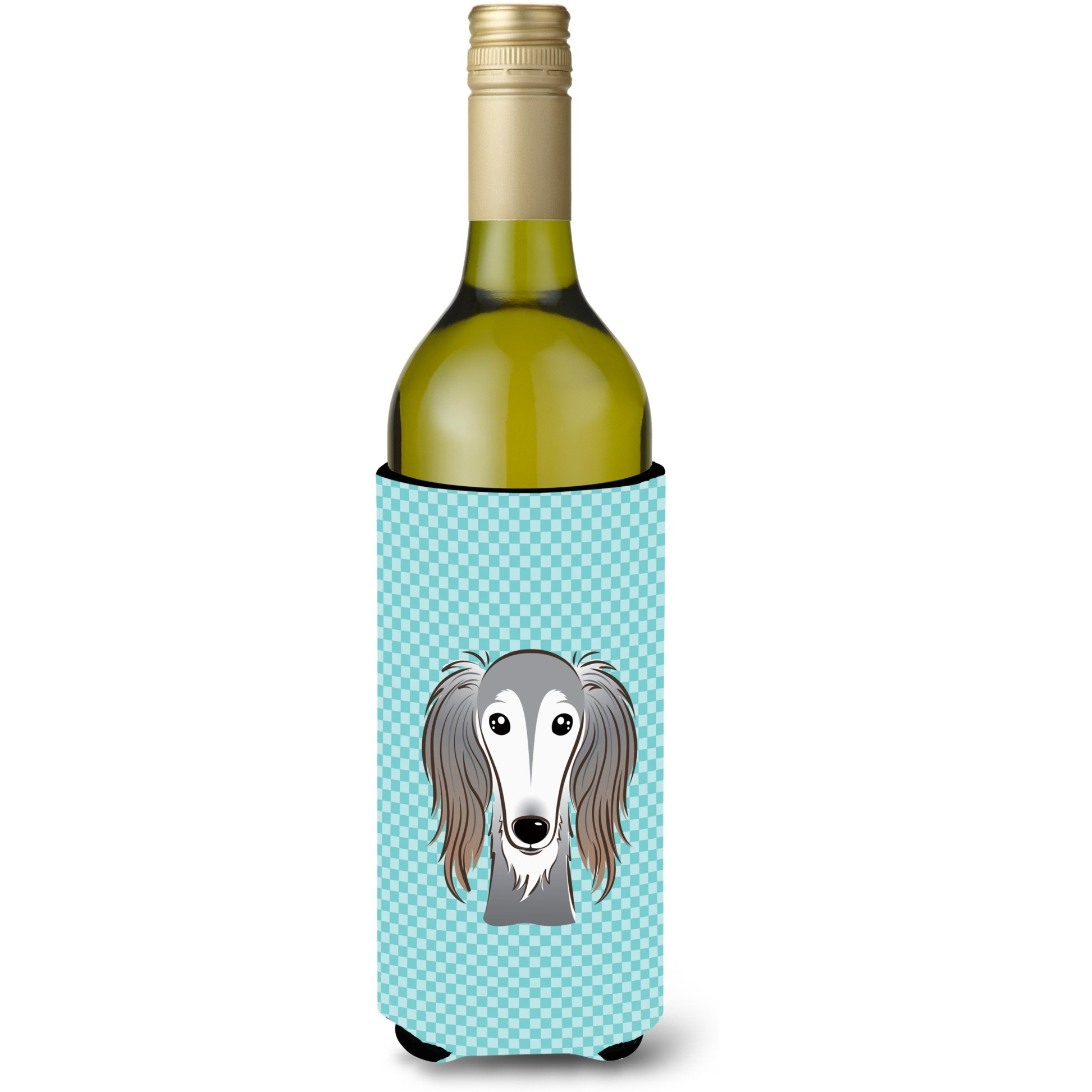 Checkerboard Blue Saluki Wine Bottle Beverage Insulator Hugger BB1167LITERK