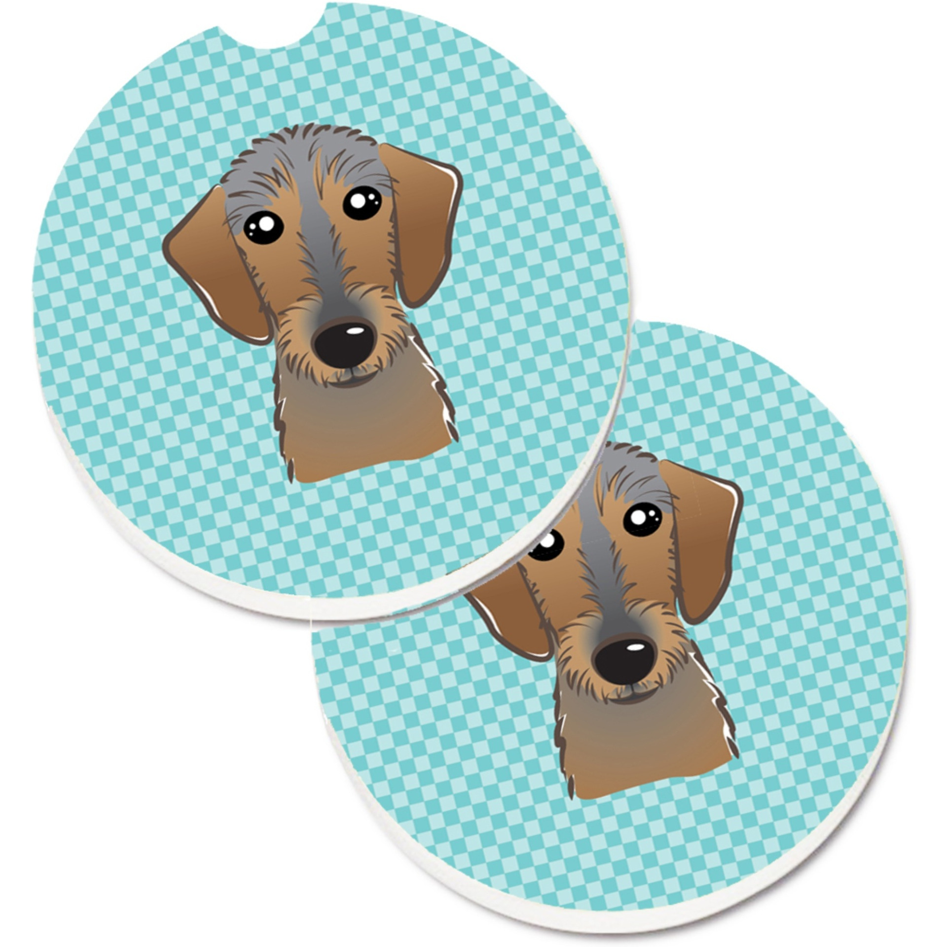 &quotCaroline's Treasures Checkerboard Blue Wirehaired Dachshund Set of 2 Cup Holder Car Coasters BB1171CARC, 2.56, Multicolor"