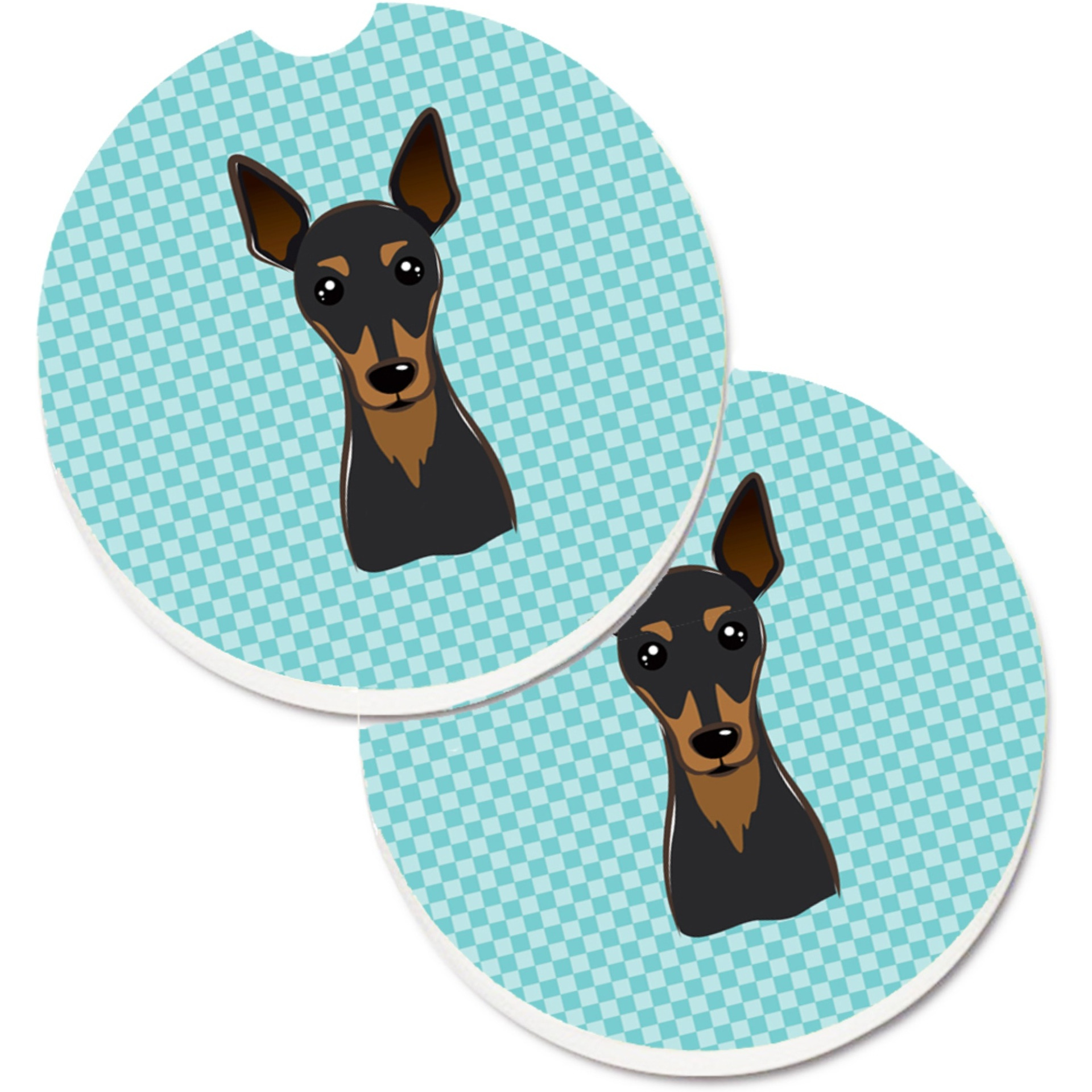 &quotCaroline's Treasures Checkerboard Blue Min Pin Set of 2 Cup Holder Car Coasters BB1178CARC, 2.56, Multicolor"