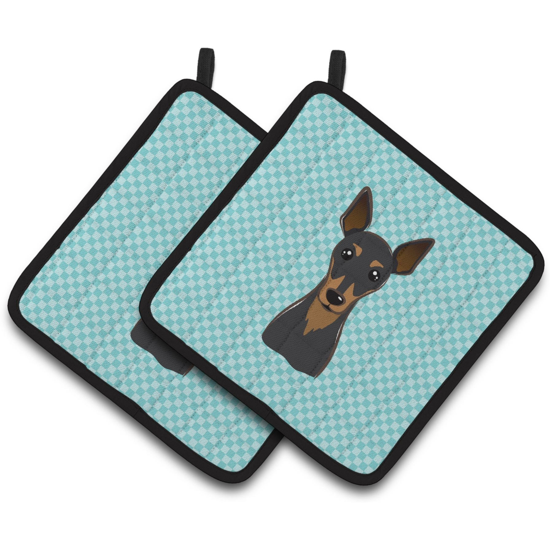 &quotCaroline's Treasures Checkerboard Blue Min Pin Pair of Pot Holders BB1178PTHD, 7.5HX7.5W, Multicolor"