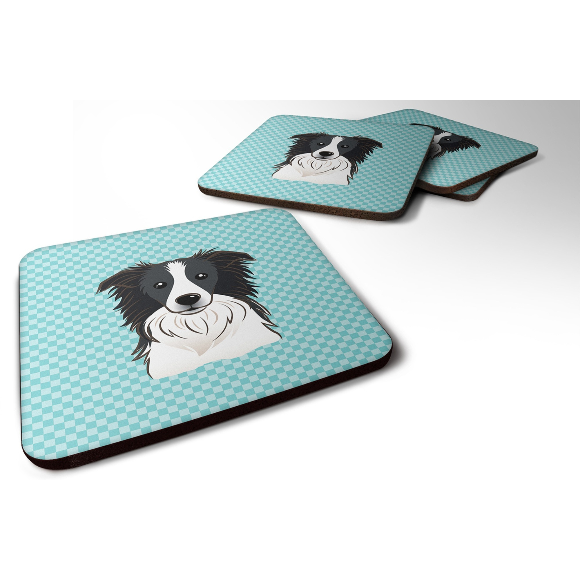 &quotCaroline's Treasures BB1179FC Checkerboard Blue Border Collie Foam Coaster (Set of 4), 3.5"" H x 3.5"" W, Multicolor"