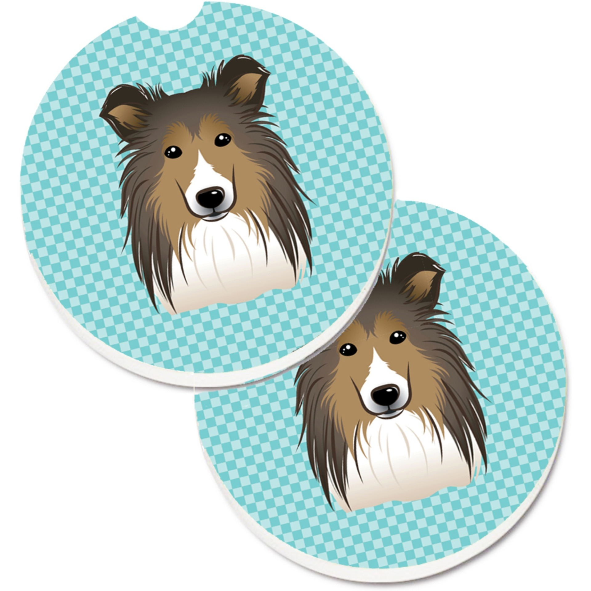 &quotCaroline's Treasures Checkerboard Blue Sheltie Set of 2 Cup Holder Car Coasters BB1180CARC, 2.56, Multicolor"
