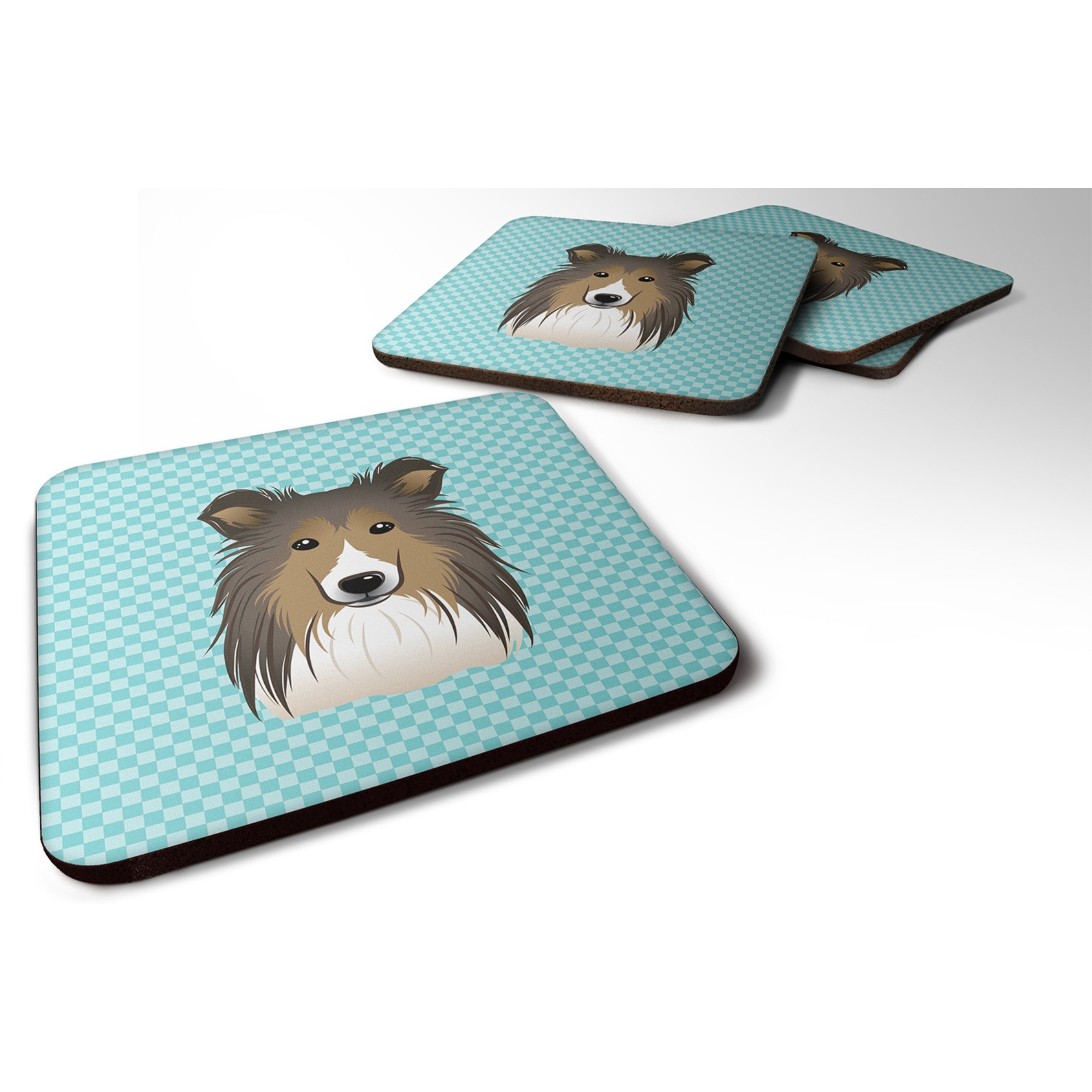 &quotCaroline's Treasures BB1180FC Checkerboard Blue Sheltie Foam Coaster (Set of 4), 3.5"" H x 3.5"" W, Multicolor"