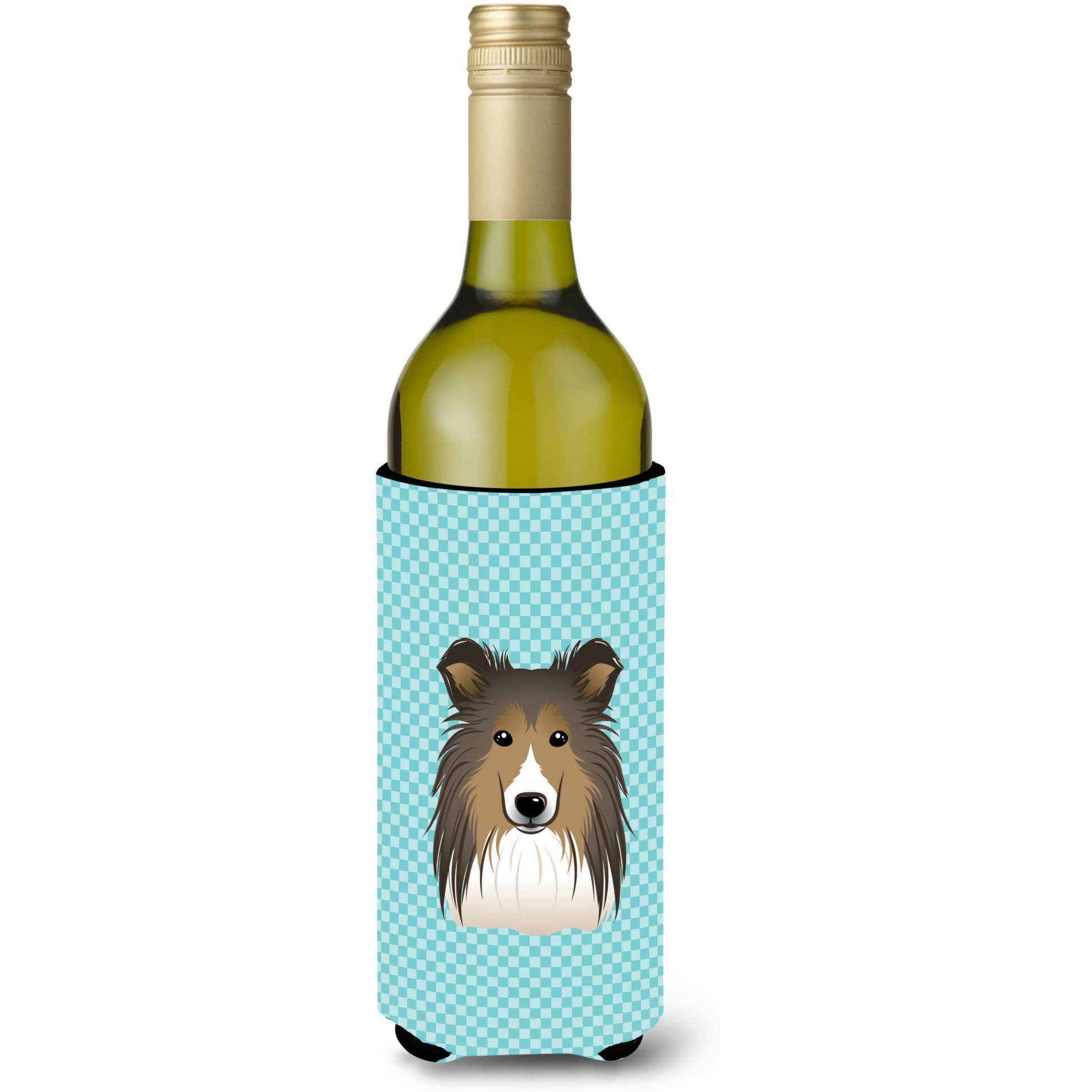 Checkerboard Blue Sheltie Wine Bottle Beverage Insulator Hugger BB1180LITERK