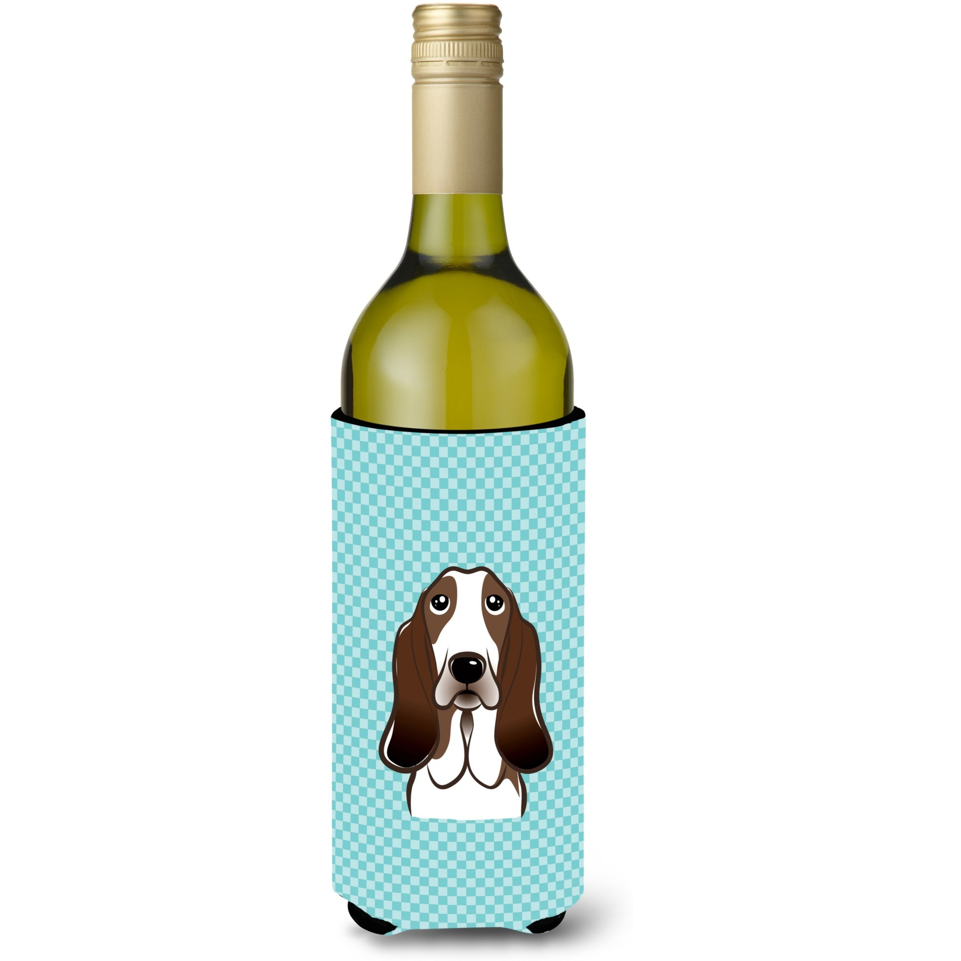 Checkerboard Blue Basset Hound Wine Bottle Beverage Insulator Hugger BB1181LITERK