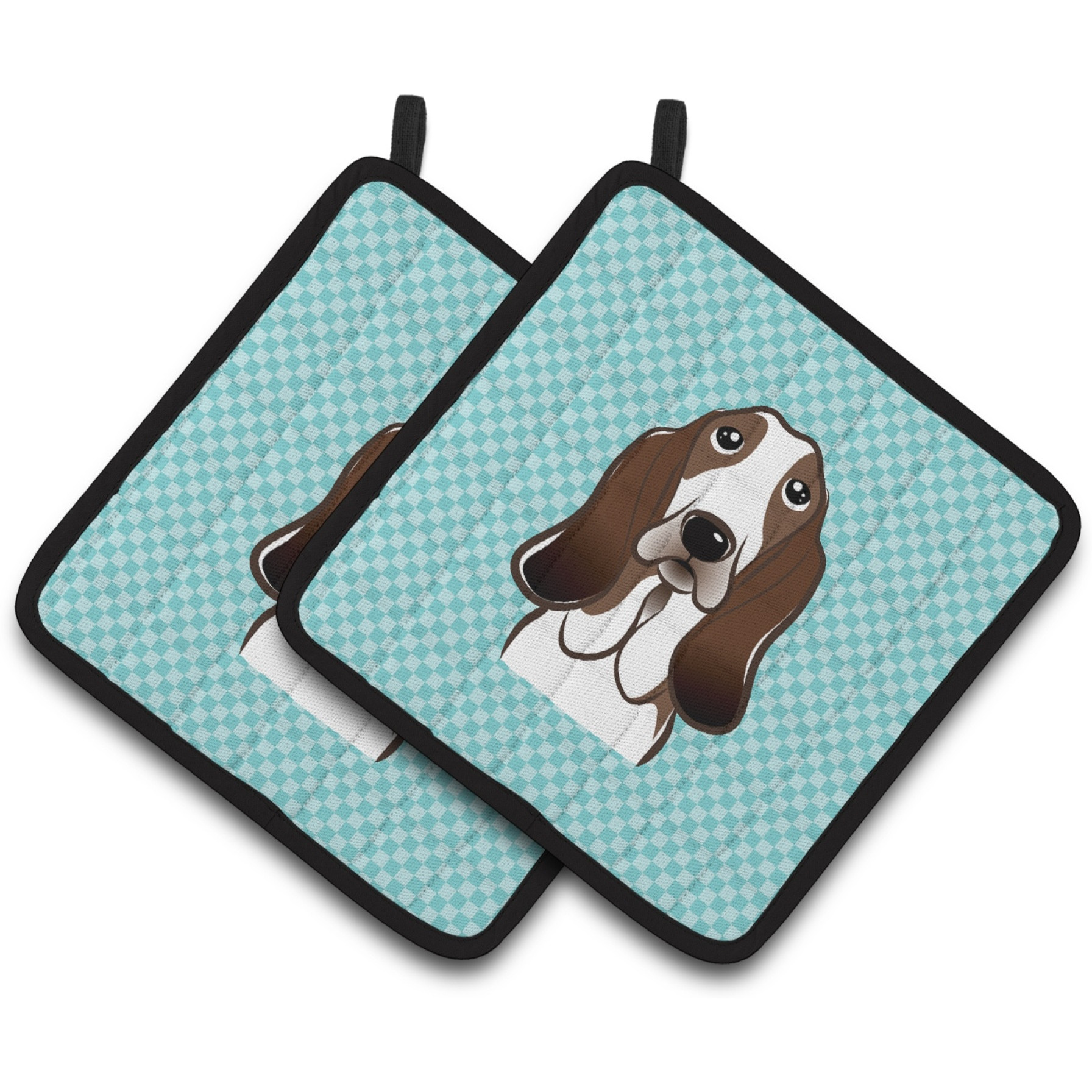 &quotCaroline's Treasures Checkerboard Blue Basset Hound Pair of Pot Holders BB1181PTHD, 7.5HX7.5W, Multicolor"