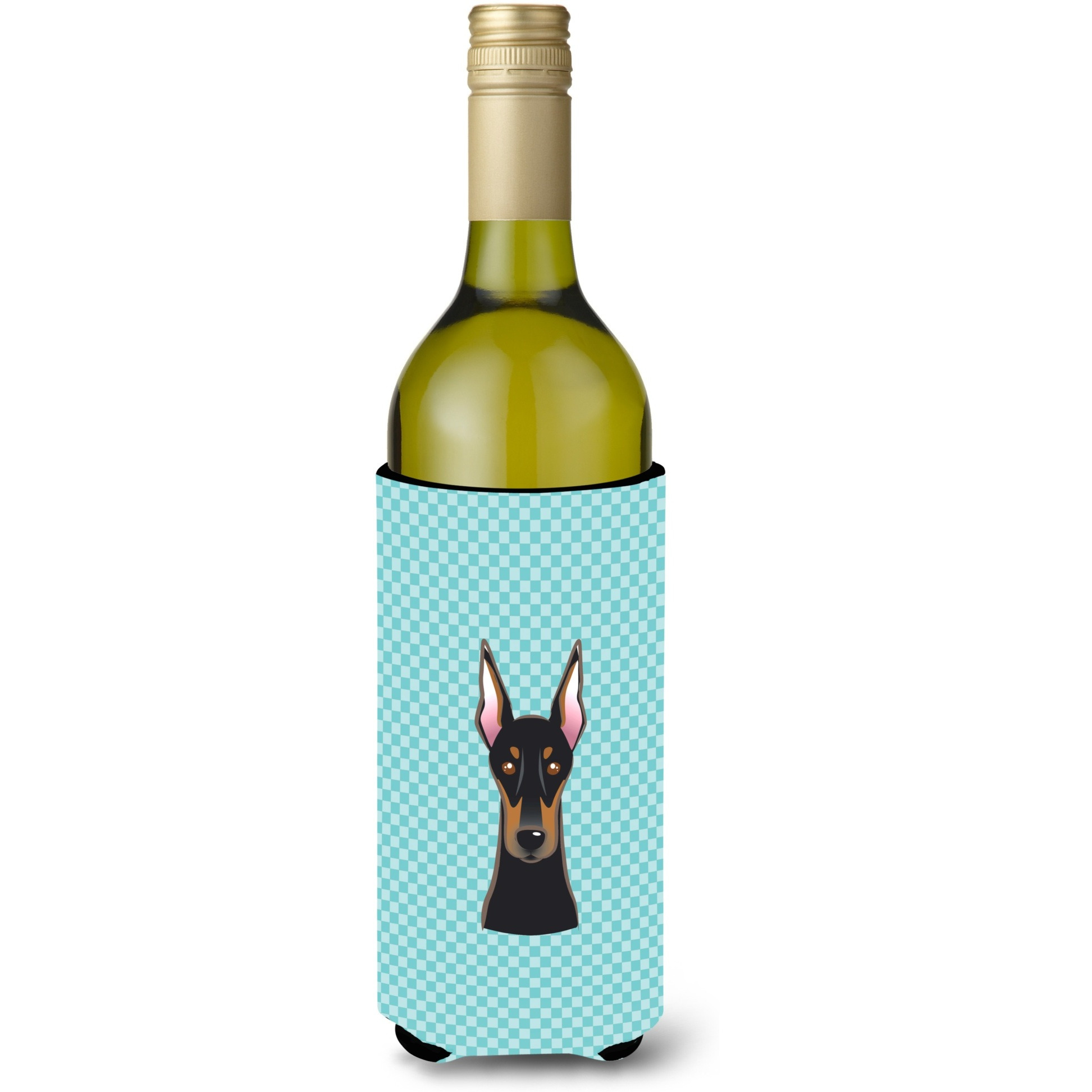 Checkerboard Blue Doberman Wine Bottle Beverage Insulator Hugger BB1183LITERK