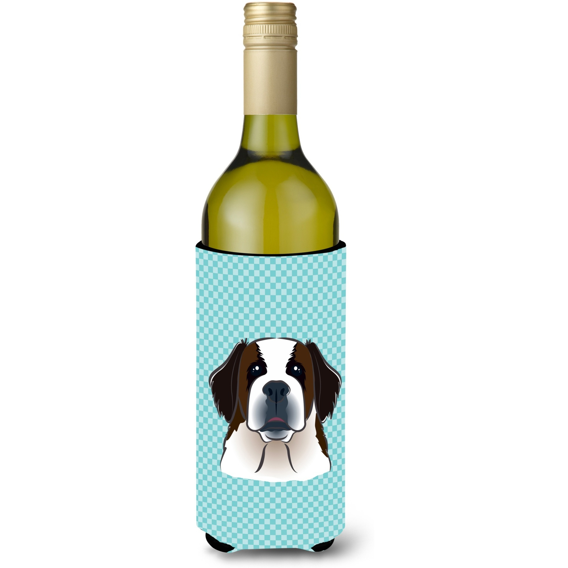 Checkerboard Blue Saint Bernard Wine Bottle Beverage Insulator Hugger BB1184LITERK
