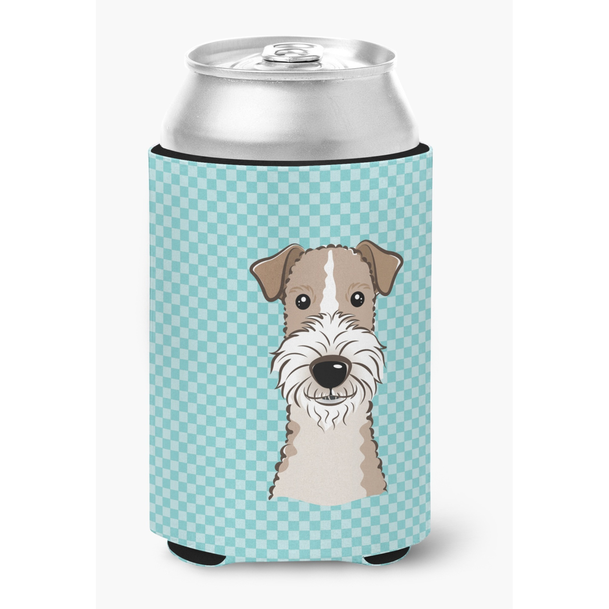 Checkerboard Blue Wire Haired Fox Terrier Can or Bottle Hugger BB1185CC
