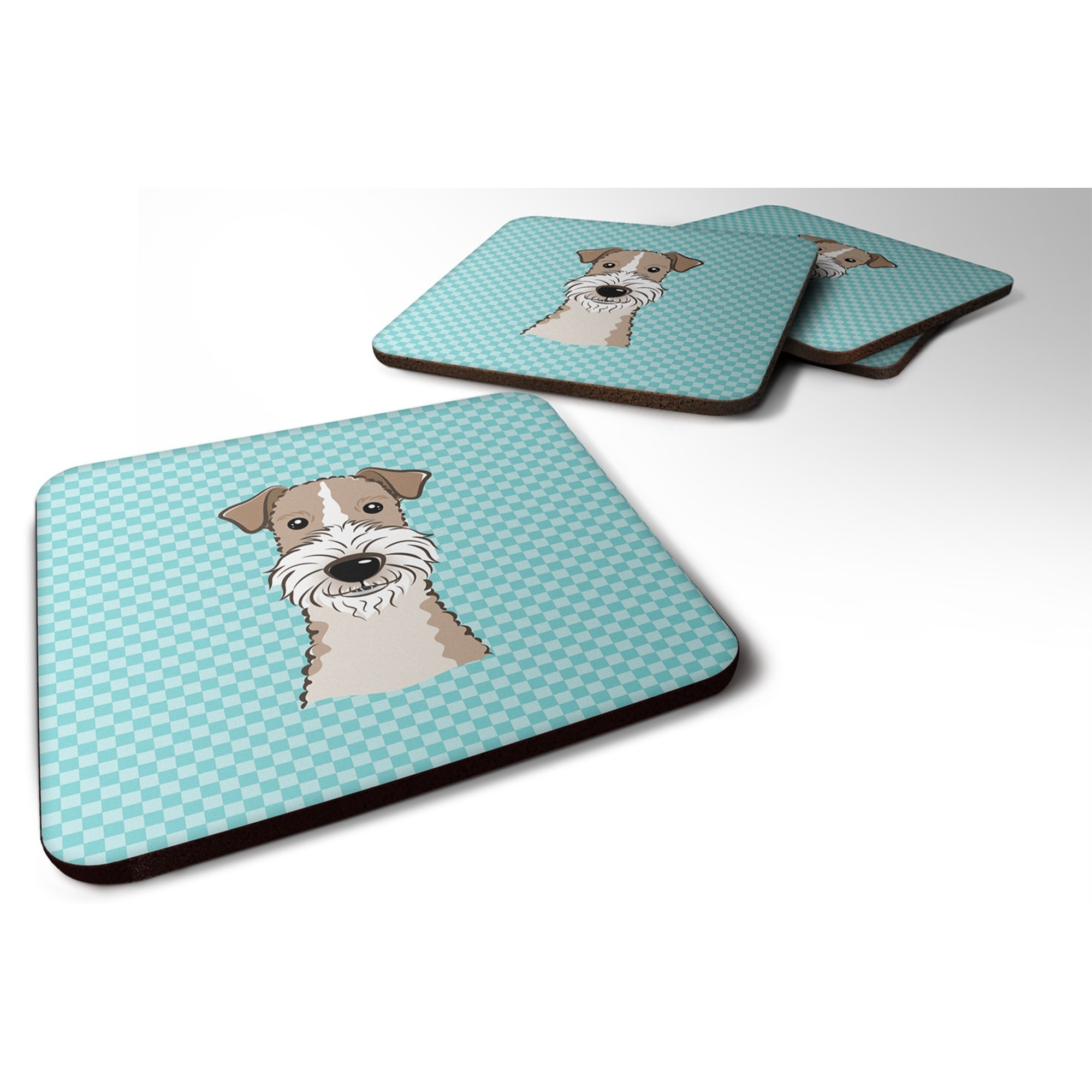 &quotCaroline's Treasures BB1185FC Checkerboard Blue Wire Haired Fox Terrier Foam Coaster (Set of 4), 3.5"" H x 3.5"" W, Multicolor"