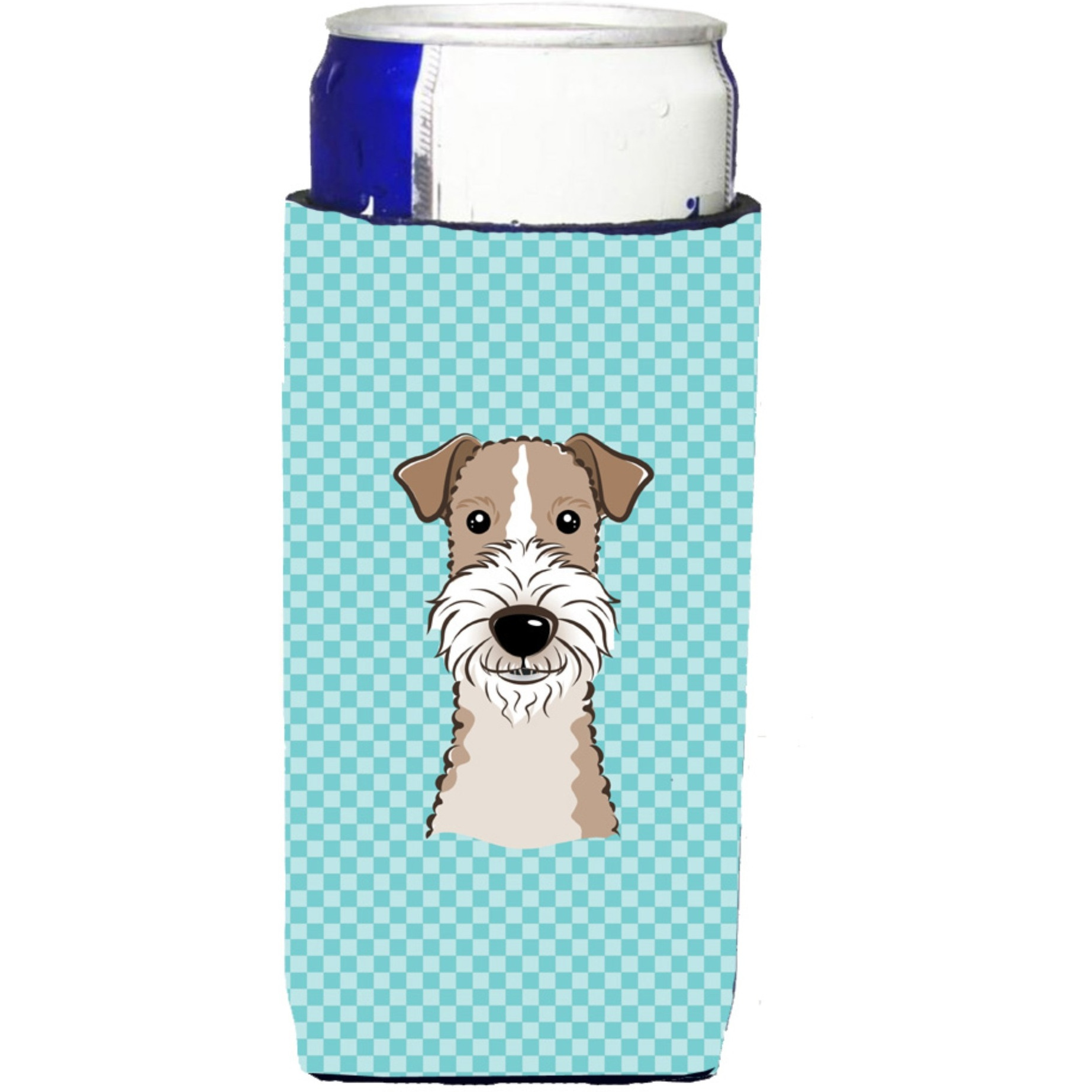 Checkerboard Blue Wire Haired Fox Terrier Ultra Beverage Insulators for slim cans