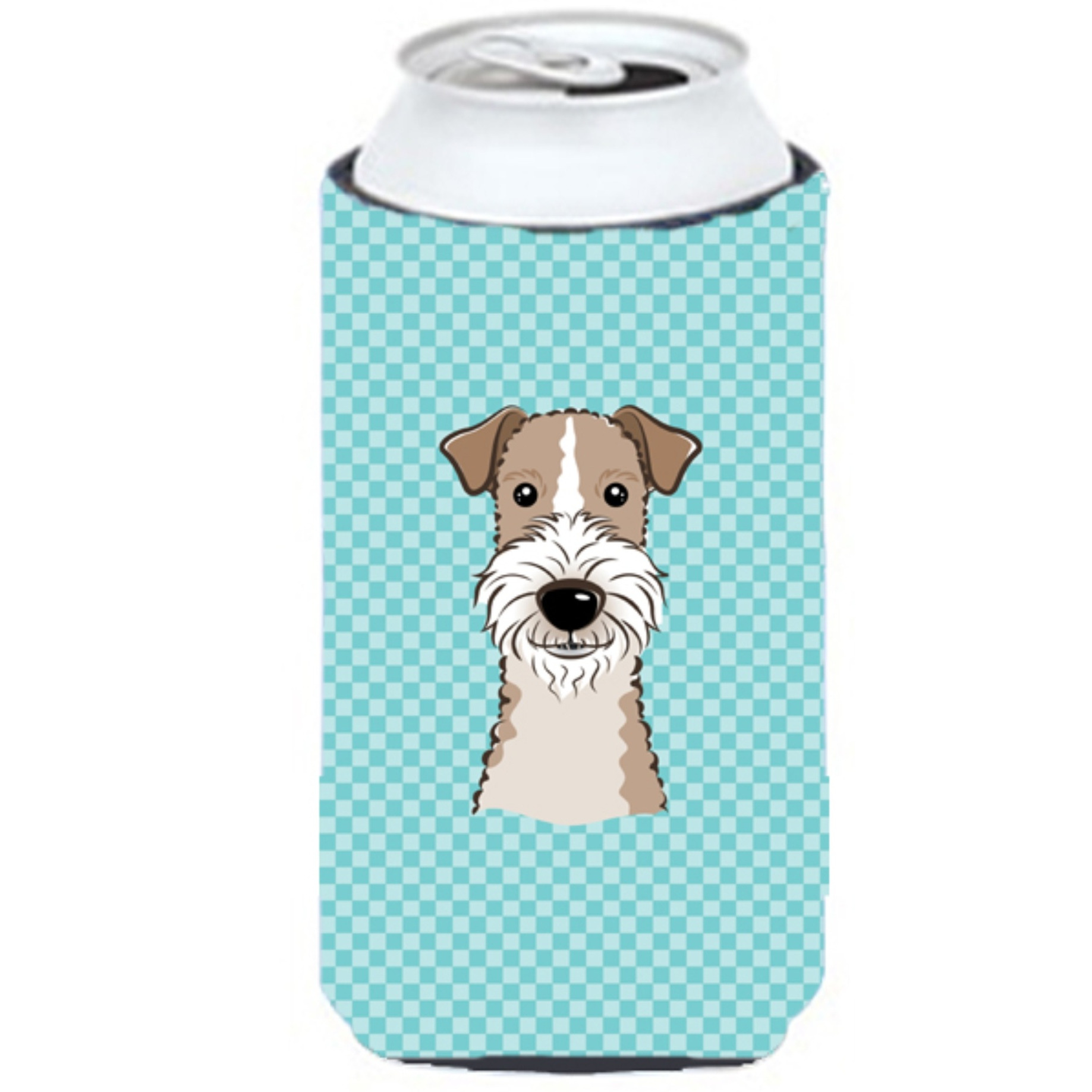 Checkerboard Blue Wire Haired Fox Terrier Tall Boy Beverage Insulator Hugger BB1185TBC