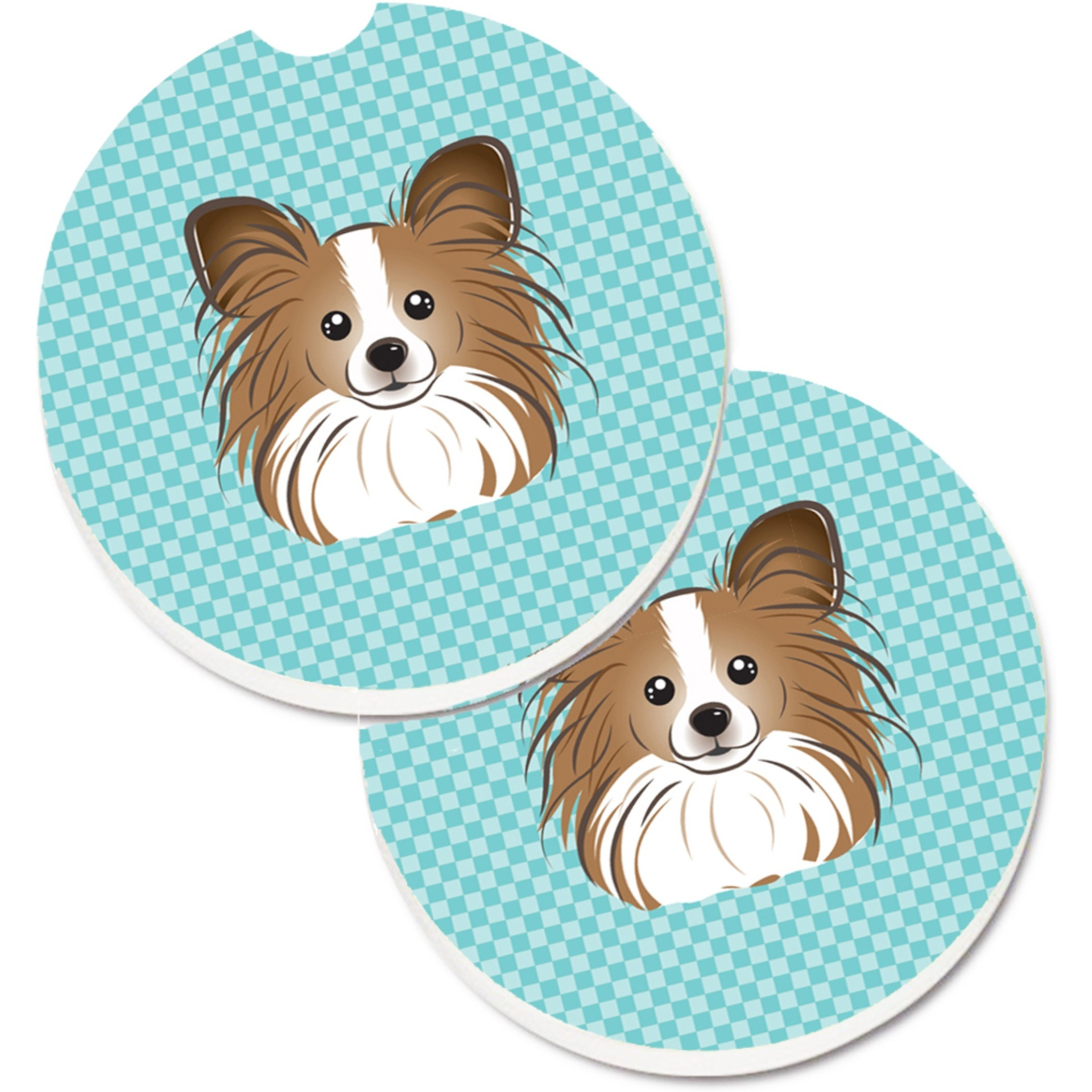 &quotCaroline's Treasures Checkerboard Blue Papillon Set of 2 Cup Holder Car Coasters BB1186CARC, 2.56, Multicolor"