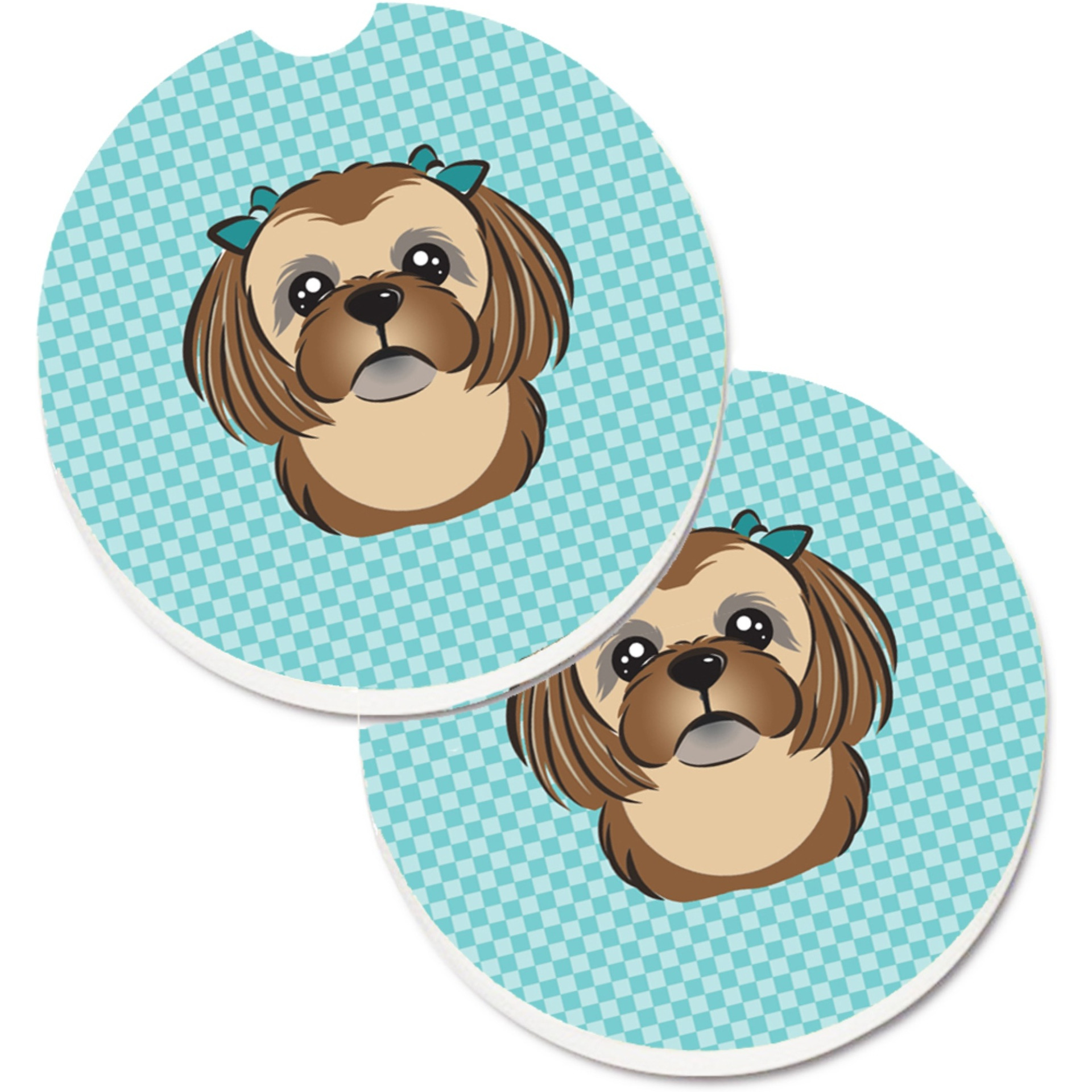 &quotCaroline's Treasures Checkerboard Blue Chocolate Brown Shih Tzu Set of 2 Cup Holder Car Coasters BB1187CARC, 2.56, Multicolor"