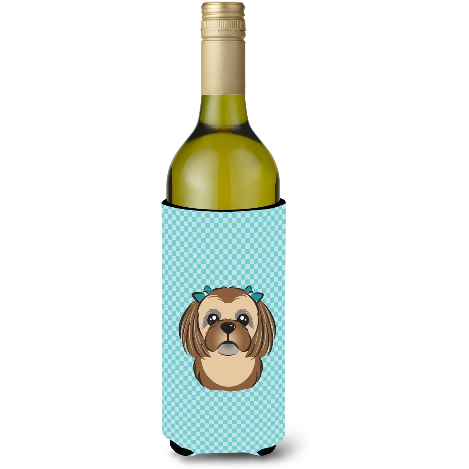 Checkerboard Blue Chocolate Brown Shih Tzu Wine Bottle Beverage Insulator Hugger