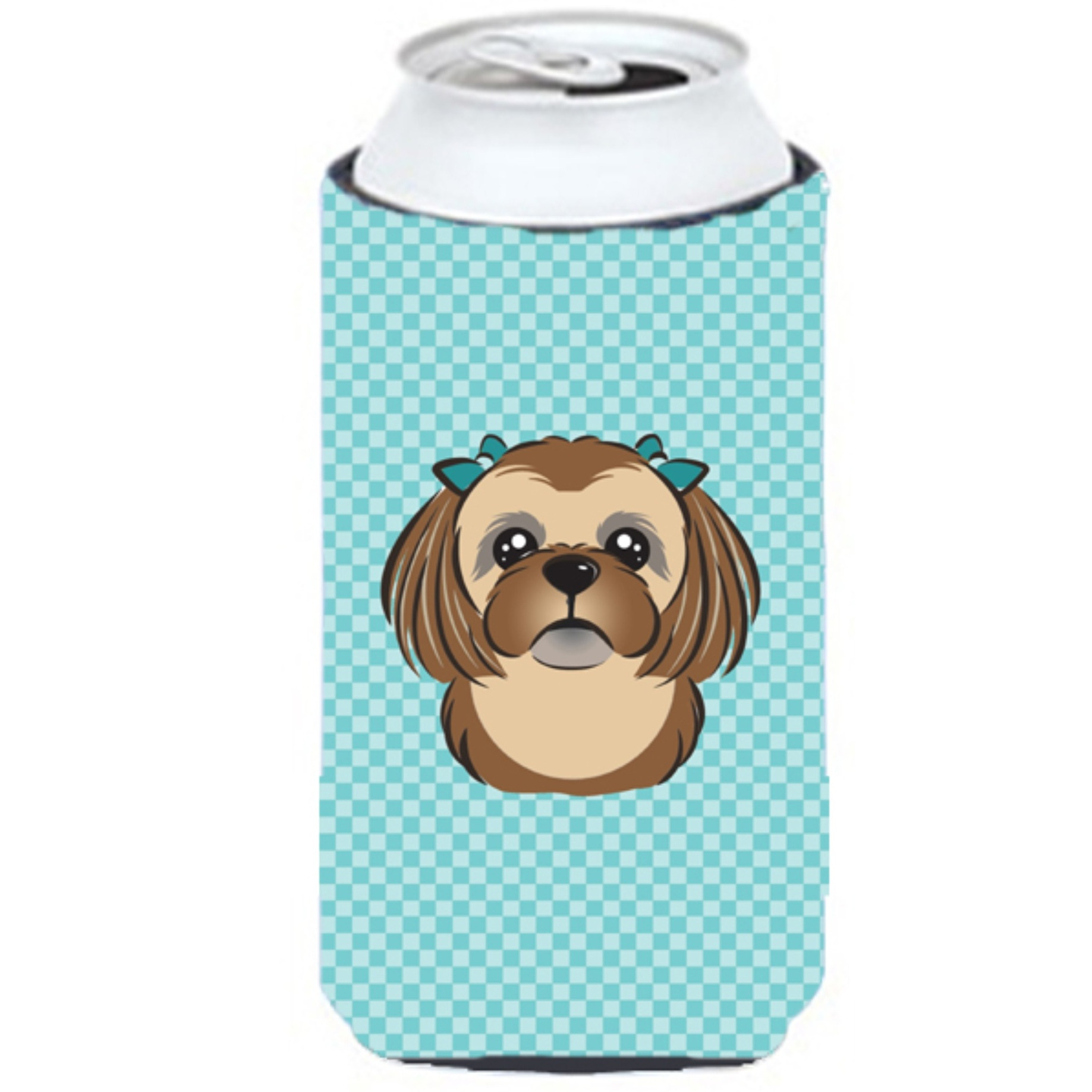 Checkerboard Blue Chocolate Brown Shih Tzu Tall Boy Beverage Insulator Hugger BB1187TBC