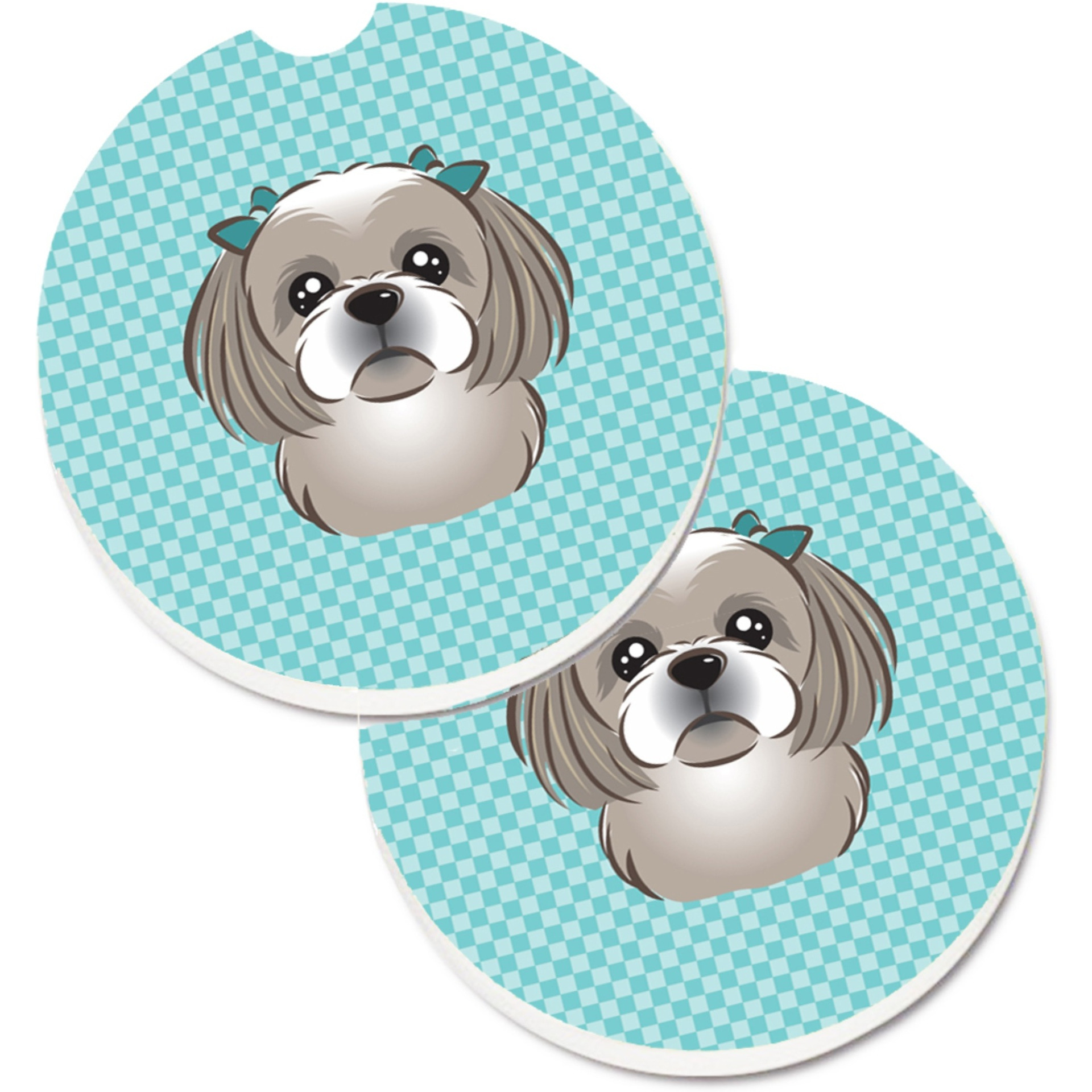 &quotCaroline's Treasures Checkerboard Blue Gray Silver Shih Tzu Set of 2 Cup Holder Car Coasters BB1188CARC, 2.56, Multicolor"