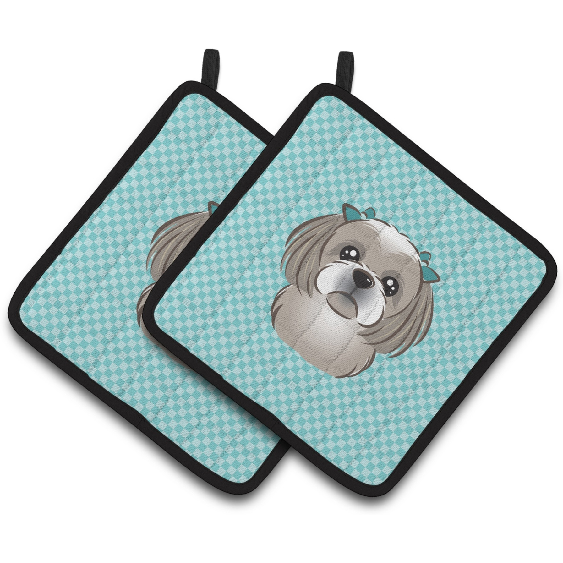 &quotCaroline's Treasures Checkerboard Blue Gray Silver Shih Tzu Pair of Pot Holders BB1188PTHD, 7.5HX7.5W, Multicolor"