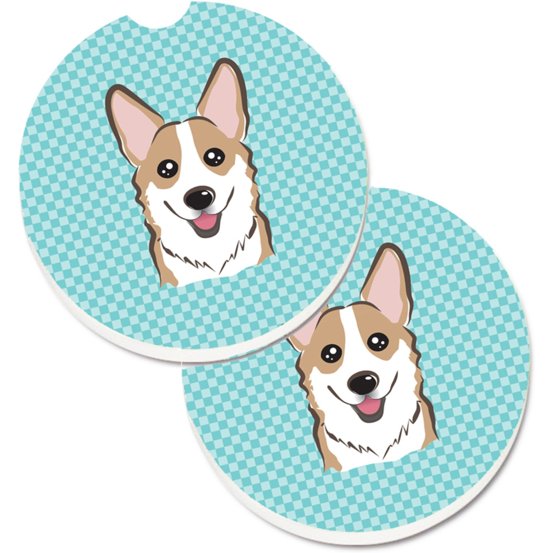 &quotCaroline's Treasures Checkerboard Blue Corgi Set of 2 Cup Holder Car Coasters BB1191CARC, 2.56, Multicolor"