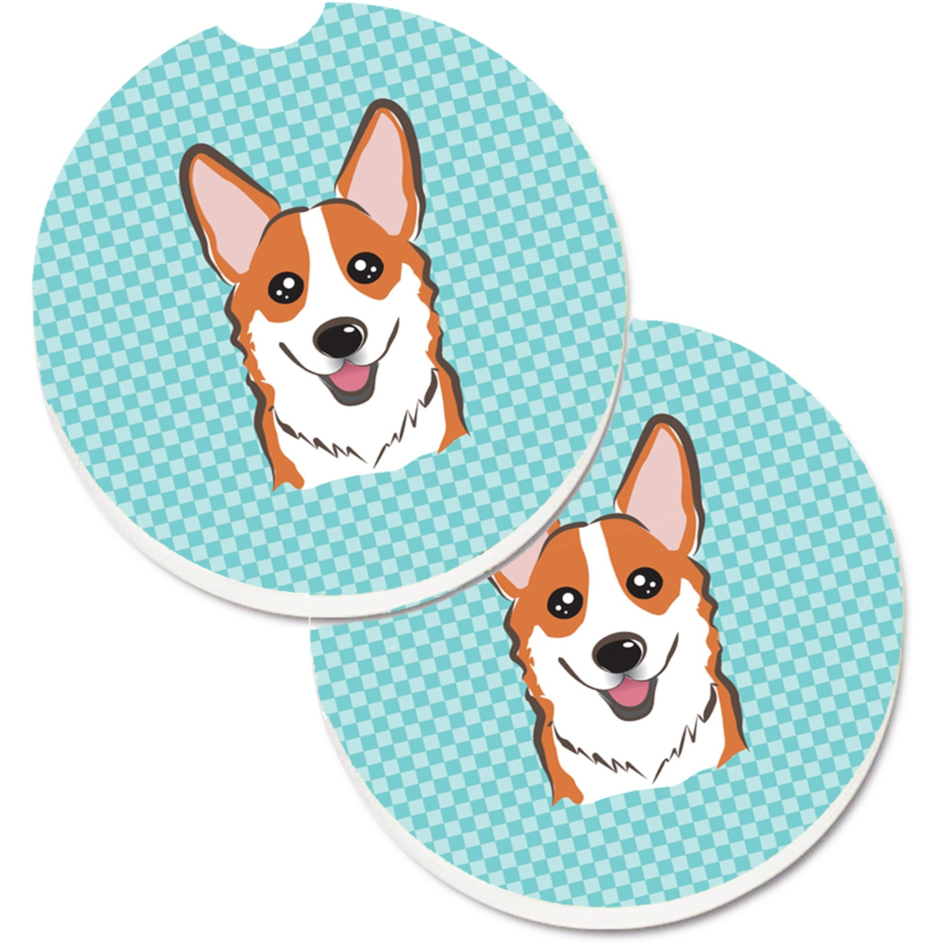 &quotCaroline's Treasures Checkerboard Blue Corgi Set of 2 Cup Holder Car Coasters BB1192CARC, 2.56, Multicolor"