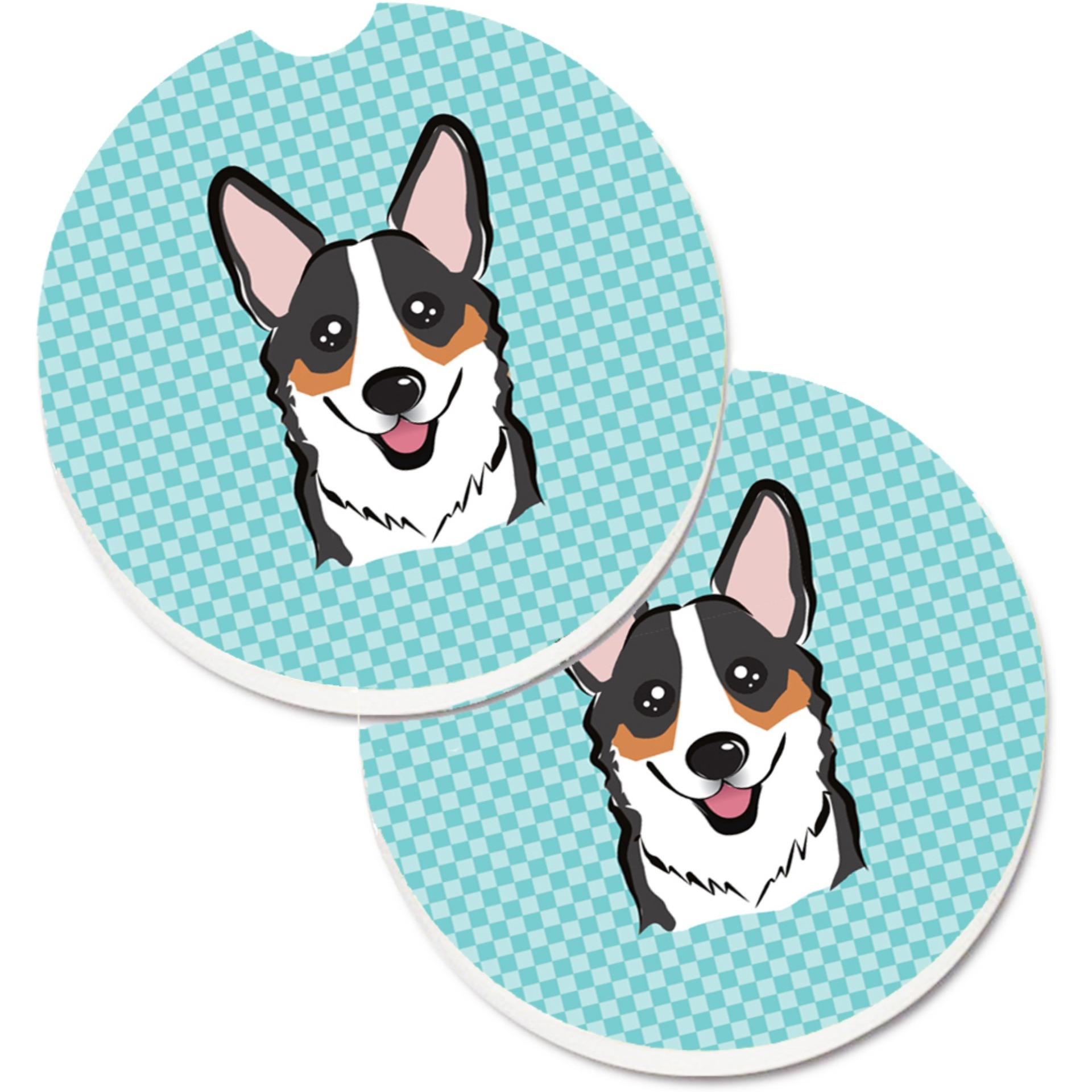 &quotCaroline's Treasures Checkerboard Blue Corgi Set of 2 Cup Holder Car Coasters BB1193CARC, 2.56, Multicolor"