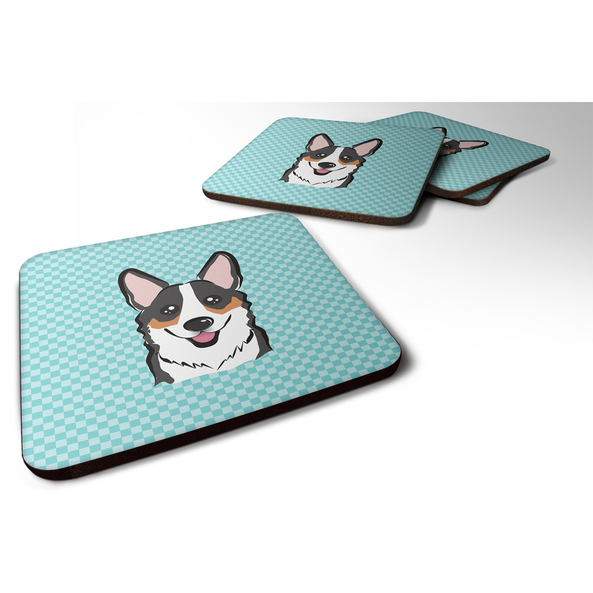 &quotCaroline's Treasures BB1193FC Checkerboard Blue Corgi Foam Coaster (Set of 4), 3.5"" H x 3.5"" W, Multicolor"