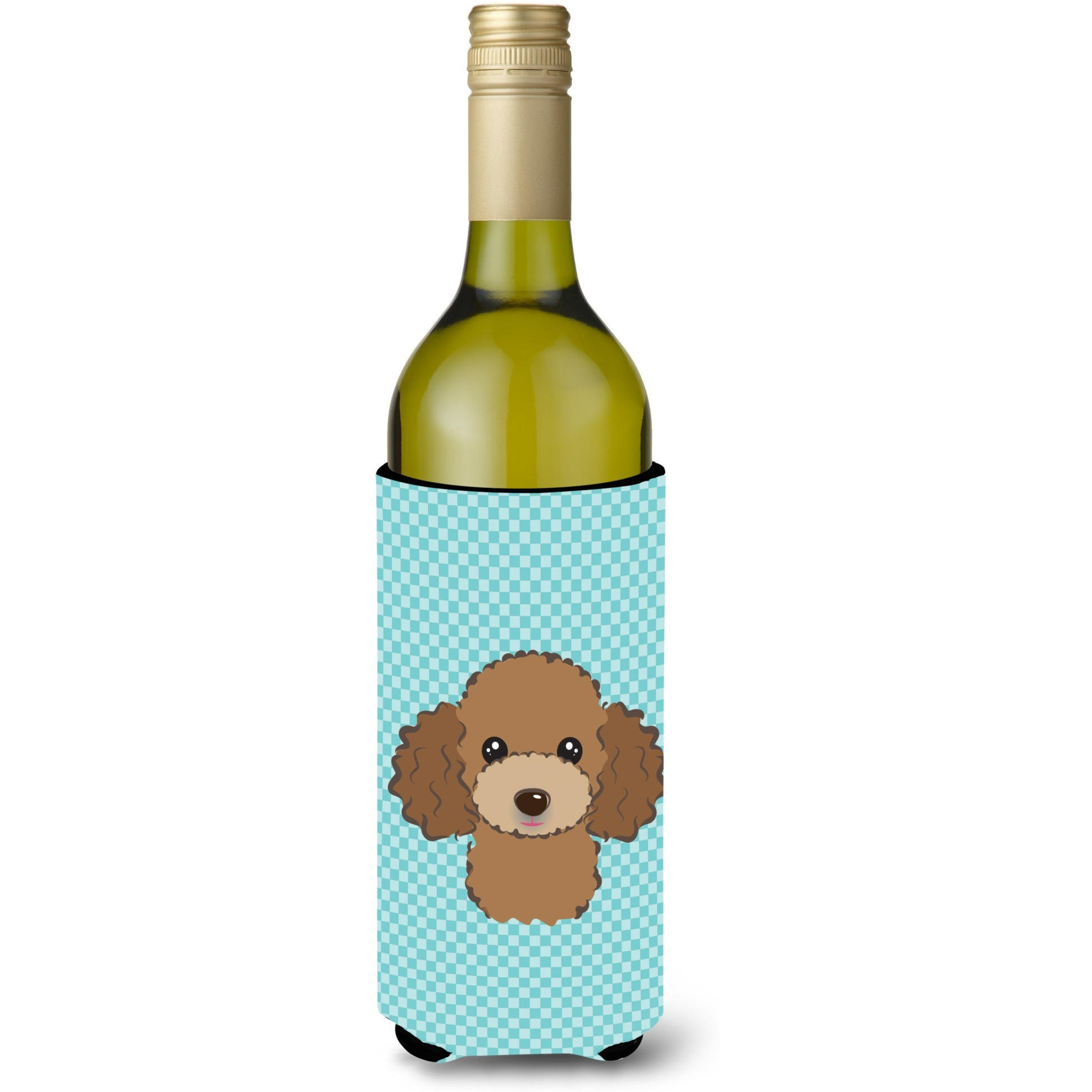 Checkerboard Blue Chocolate Brown Poodle Wine Bottle Beverage Insulator Hugger BB1194LITERK