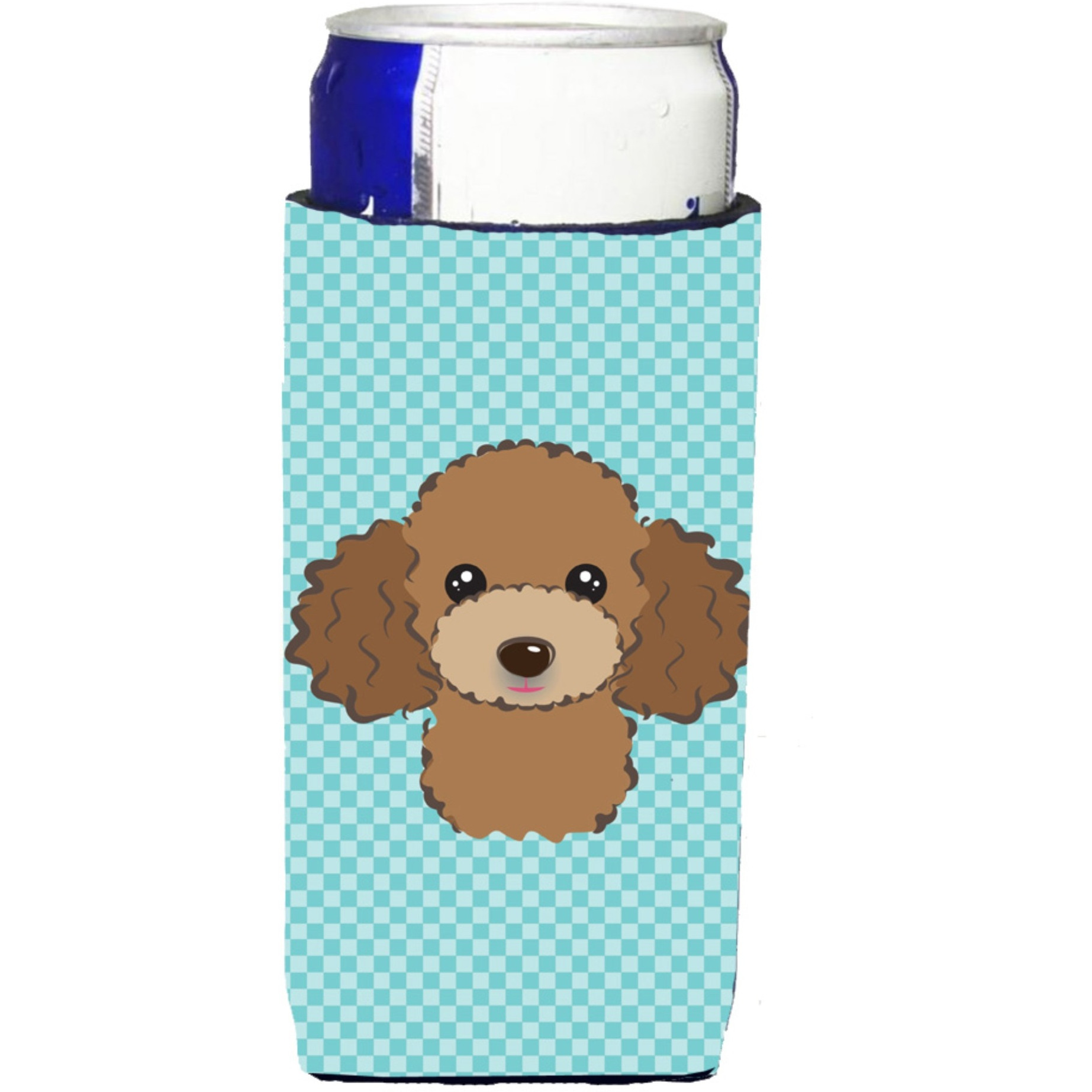 Checkerboard Blue Chocolate Brown Poodle Ultra Beverage Insulators for slim cans