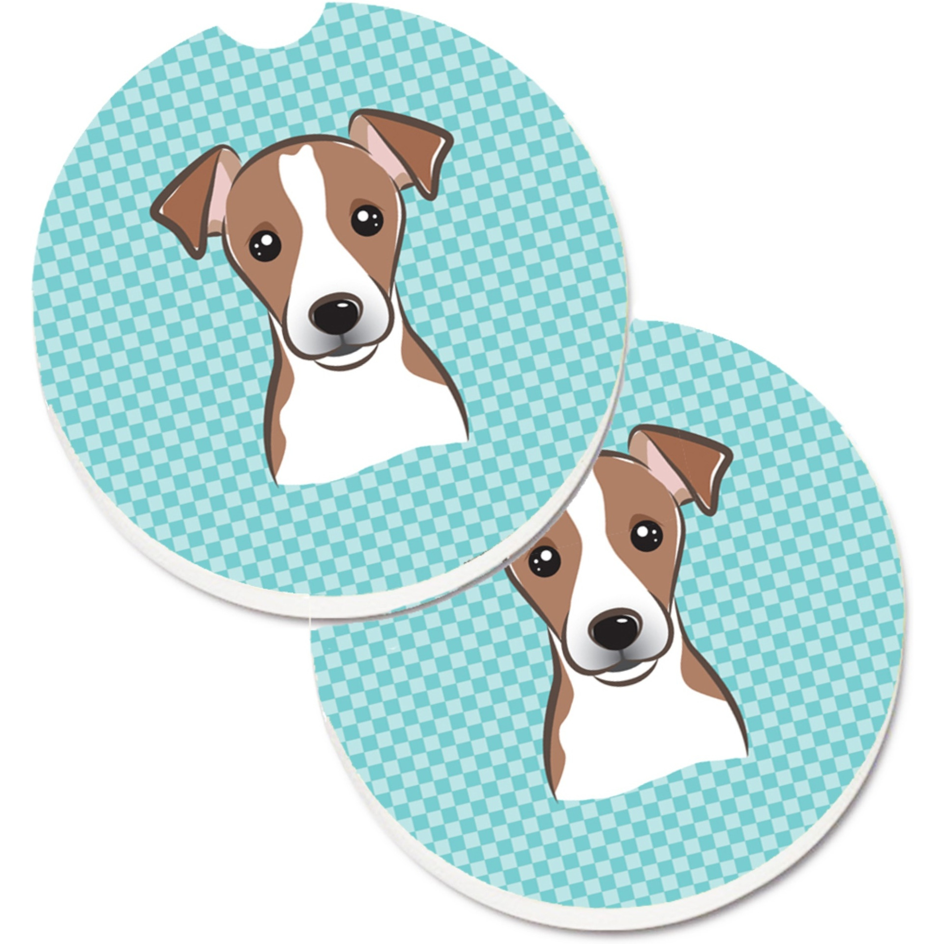 &quotCaroline's Treasures Checkerboard Blue Jack Russell Terrier Set of 2 Cup Holder Car Coasters BB1198CARC, 2.56, Multicolor"